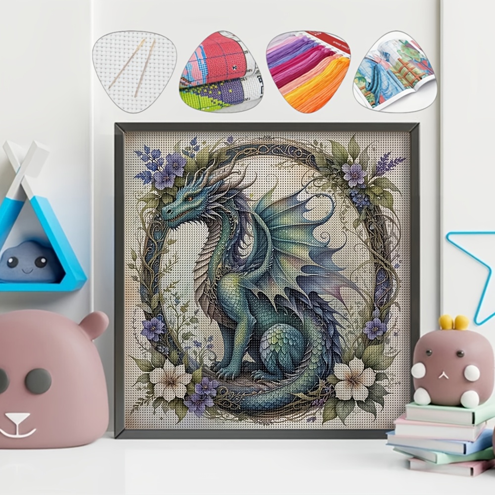 TEMU 1 Set Pteranodon Wreath Pattern Printed Cross- Kit, 11ct Precision Print, 14.17x14.17 Inches, Diy Embroidery Material Pack With Full Set Of