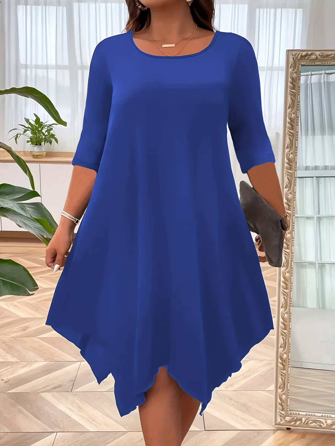 Women'S Plus Size Navy Blue Maxi Dress Casual Long Sleeve, Crew Neck with  Ruffle Hem, Stretchy Polyester Blend Spring, Summer Fall, C