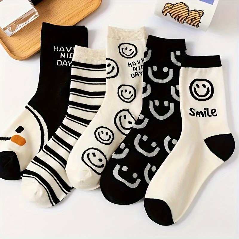 

5pcs Women's Face & Striped Mid-calf Socks - Breathable Cotton , Fashionable Casual Wear