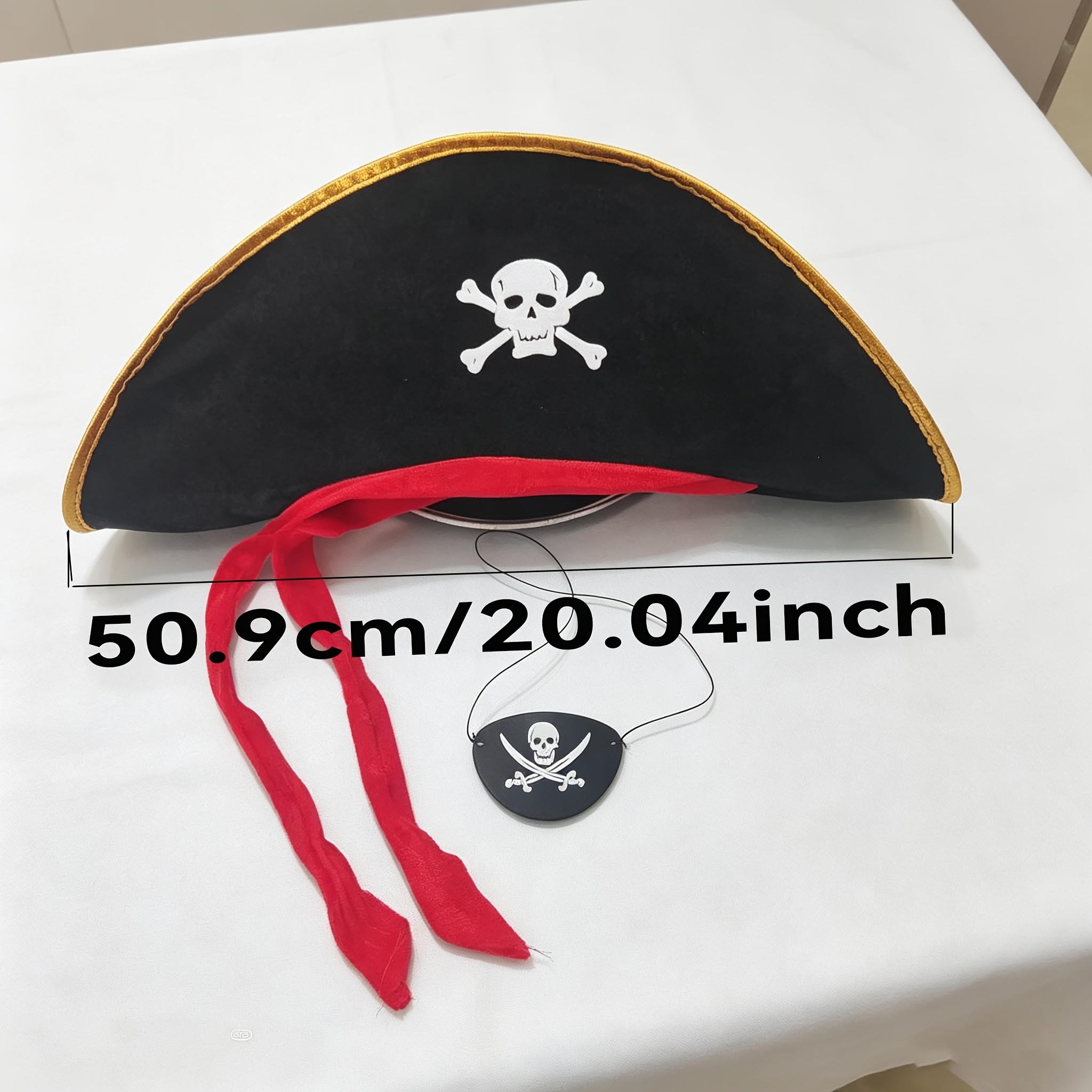 Pirate Tricorne Hat and Eye Patch Set, Gold-Trimmed Captain Hat