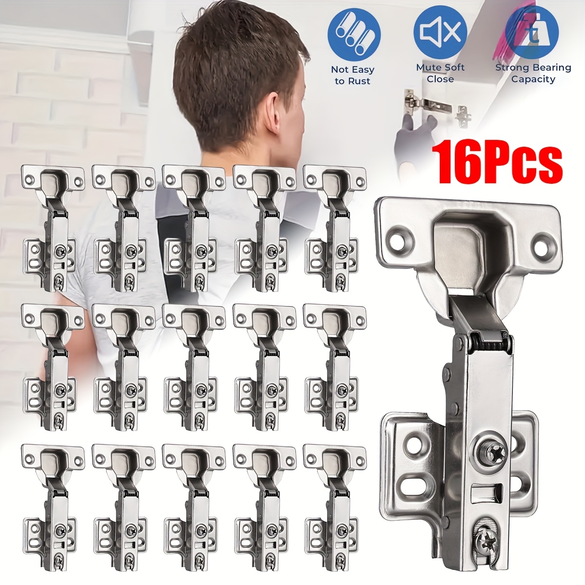 E-shop 16 Stück Schubladen-Scharniere mit -Funktion, polierte Metallenden, moderner Stil, vollflächige Drehgelenkscharniere mit Schrauben für Türen &