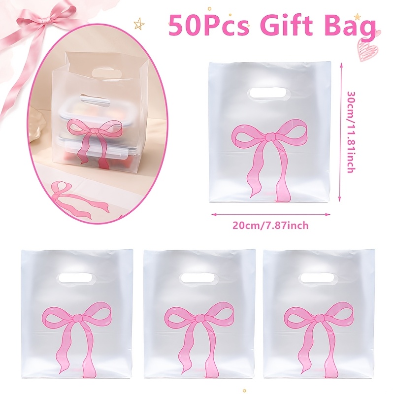 TEMU Lot de 50 sacs cadeaux à main à imprimé nœud rose, sacs à motif nœud, sacs d'emballage cadeaux pour fête d'anniversaire, décoration de fête de