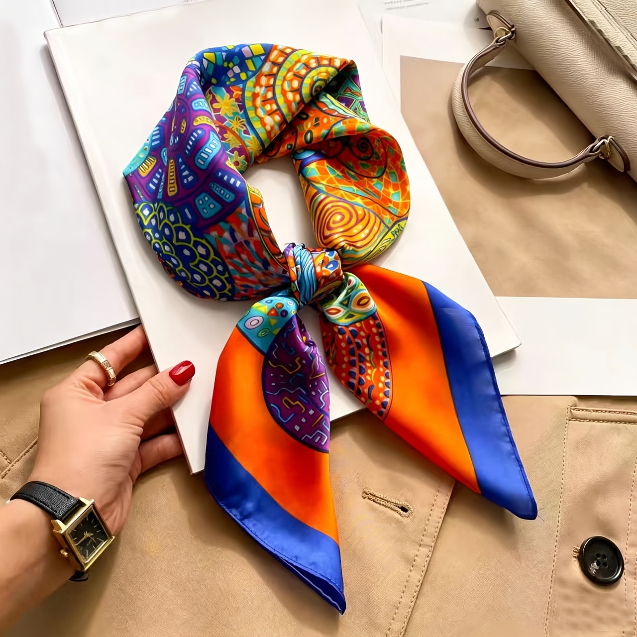 Bohemian Style Colorful Pattern Square Scarf, Multi-functional Use As Headscarf, Neck Scarf, Or Shawl, Satin Y Material, Ideal For Holiday Gifting, Daily , And Essential Fashion Accessory