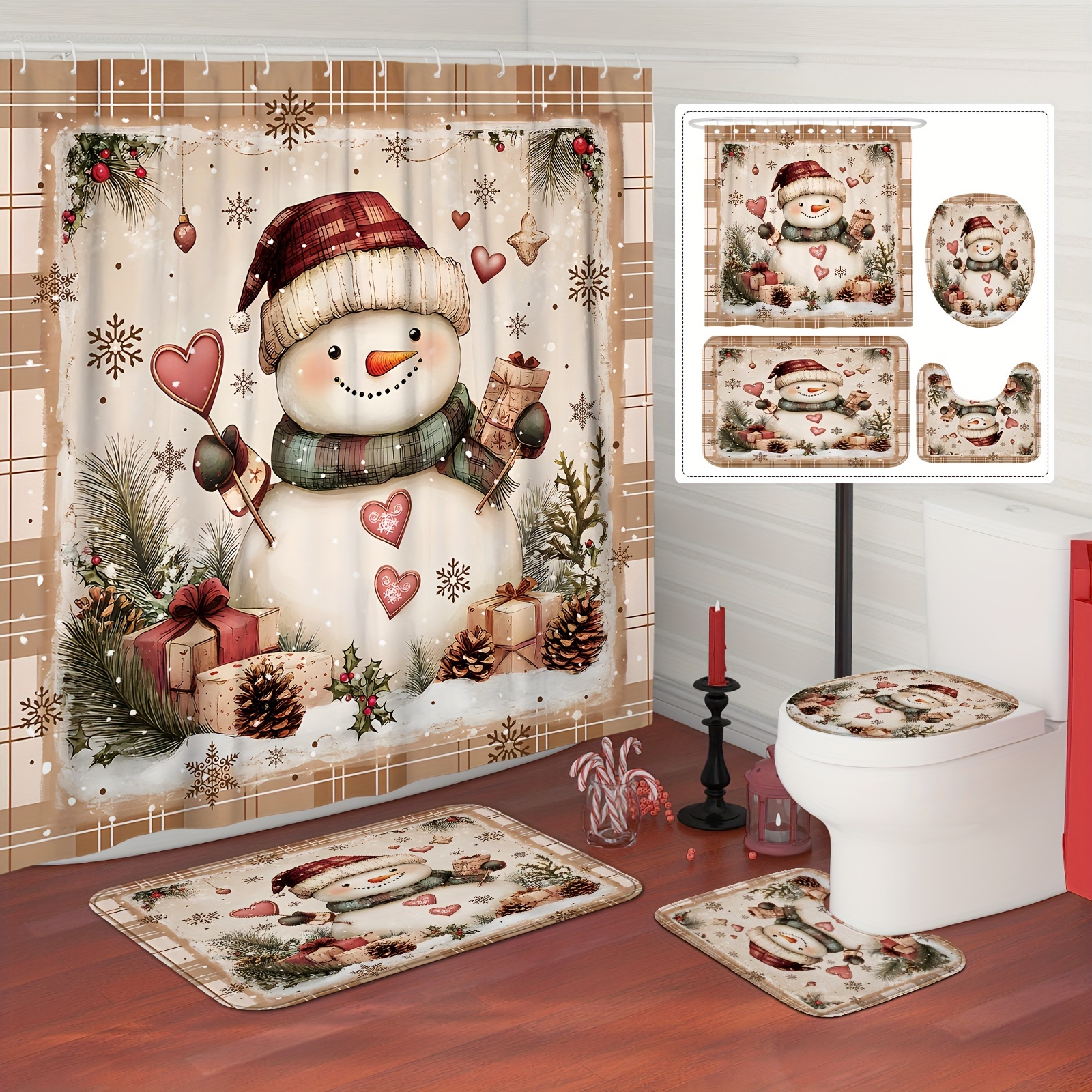 

[] 1/4pcs Christmas Curtain Set Snowman Curtain Polyester For Bathroom Ornaments 12 Bath Mat Lid Mat