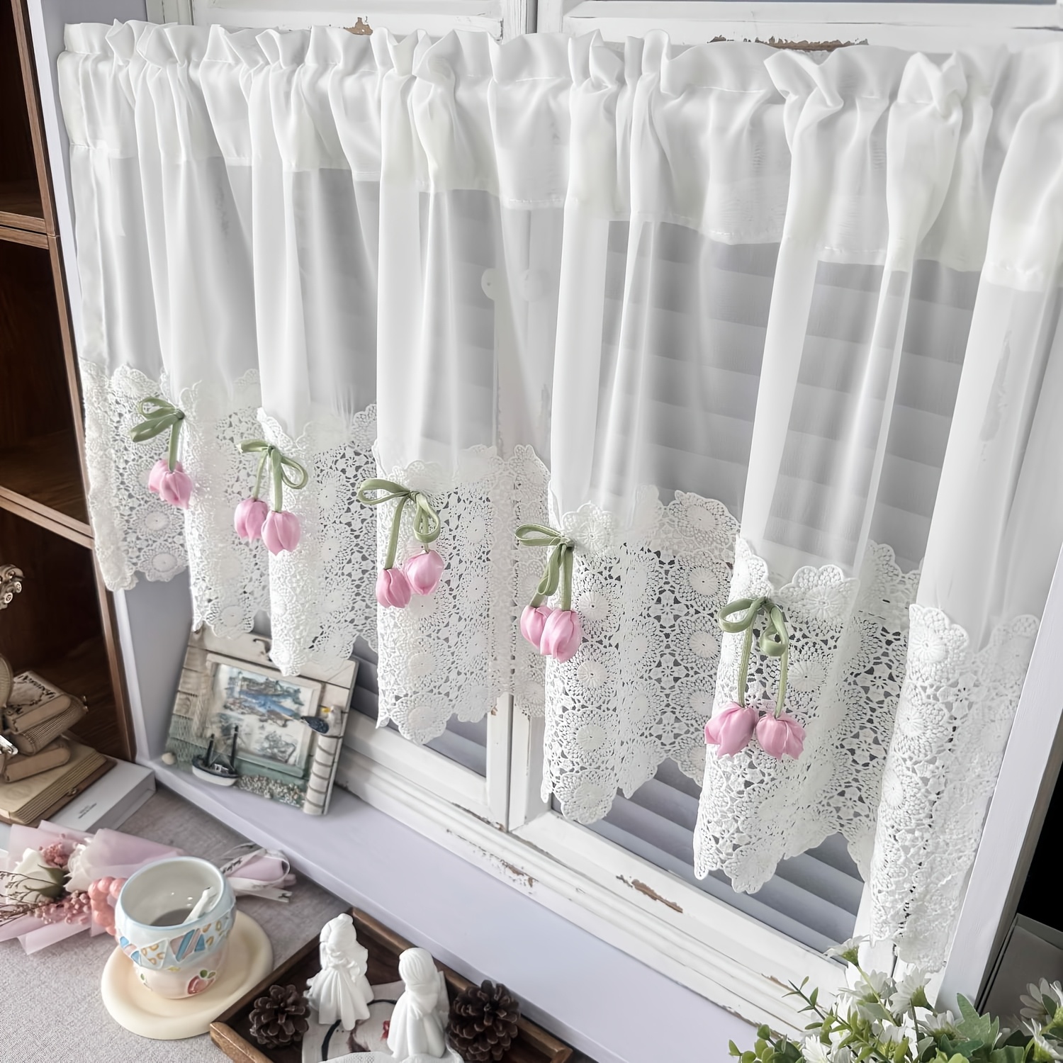 1 Panel White Sheer Valance For Kitchen Elegant Short Curtain With Lace Decorations Cafe Bathroom Window Toppers Rod Pocket