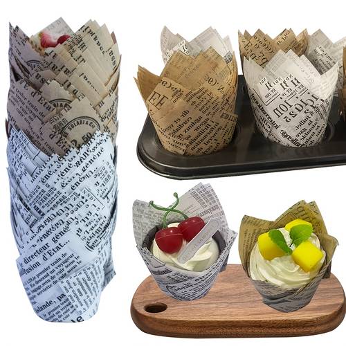 50 stück/100 stück geruchlose zeitungsmuster tulpenkuchenpapierbecher, küchengeräte ölbeständige muffinlinern, für partys, zusammenkünfte und geburtstage