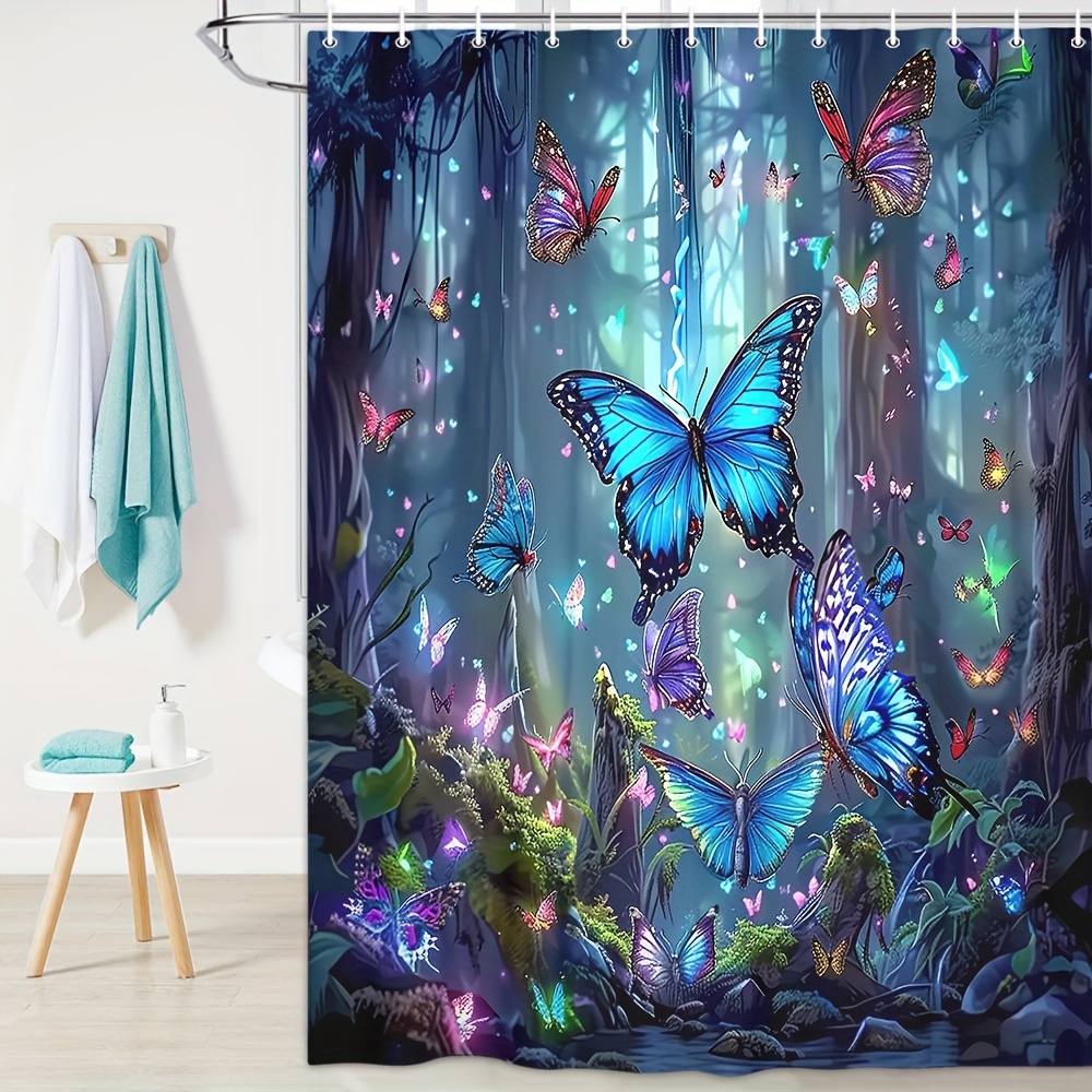 

1pc Blue Forest Butterfly Pattern Shower Curtain For Bathroom, Modern Shower Curtains, Waterproof Bath Curtain With Hooks, Bathroom Accessories