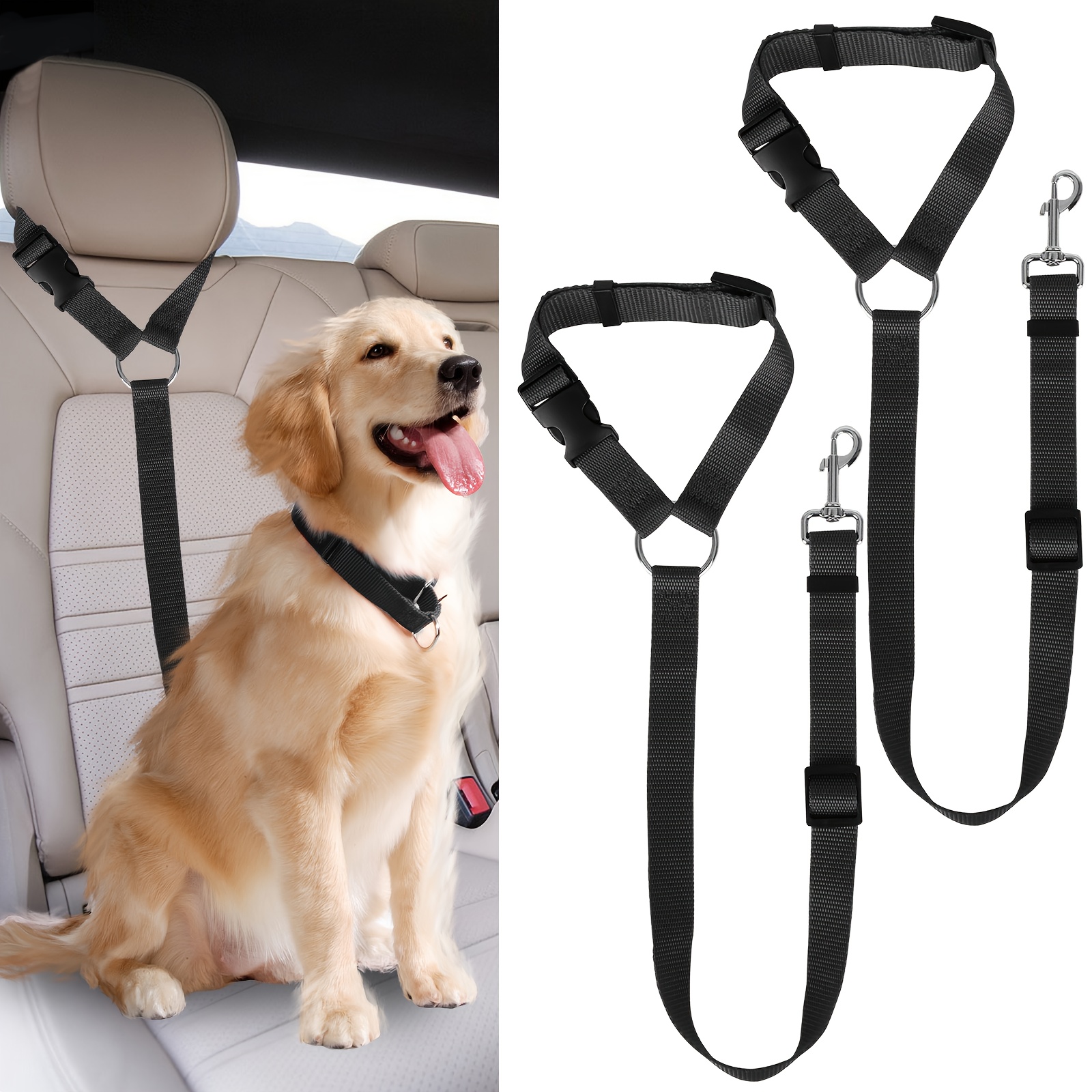 TEMU 2pcs Adjustable Pet Safety Seat Belt With Latch, Heavy-duty Pet Car Harness With Easy-install Design, Machine Washable For Small To Medium Pets, Ideal For Travel, Training And Daily