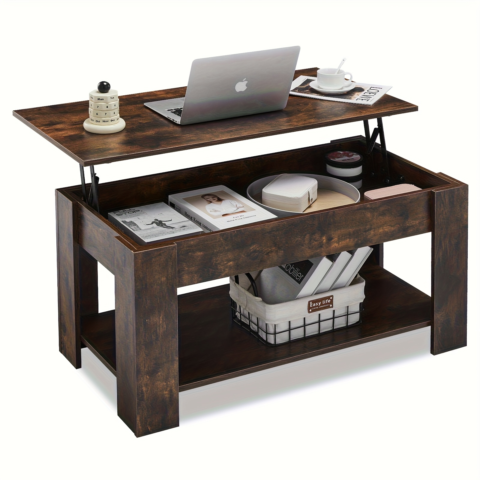 Image of Expandable Lift-top Coffee Table With Hidden Storage & Shelves - Modern Lift-top Mechanism, Wood Table Suitable For Home Office, Space- With Hidden Cabinet/shelves, Sofa Table For Small Spaces, No