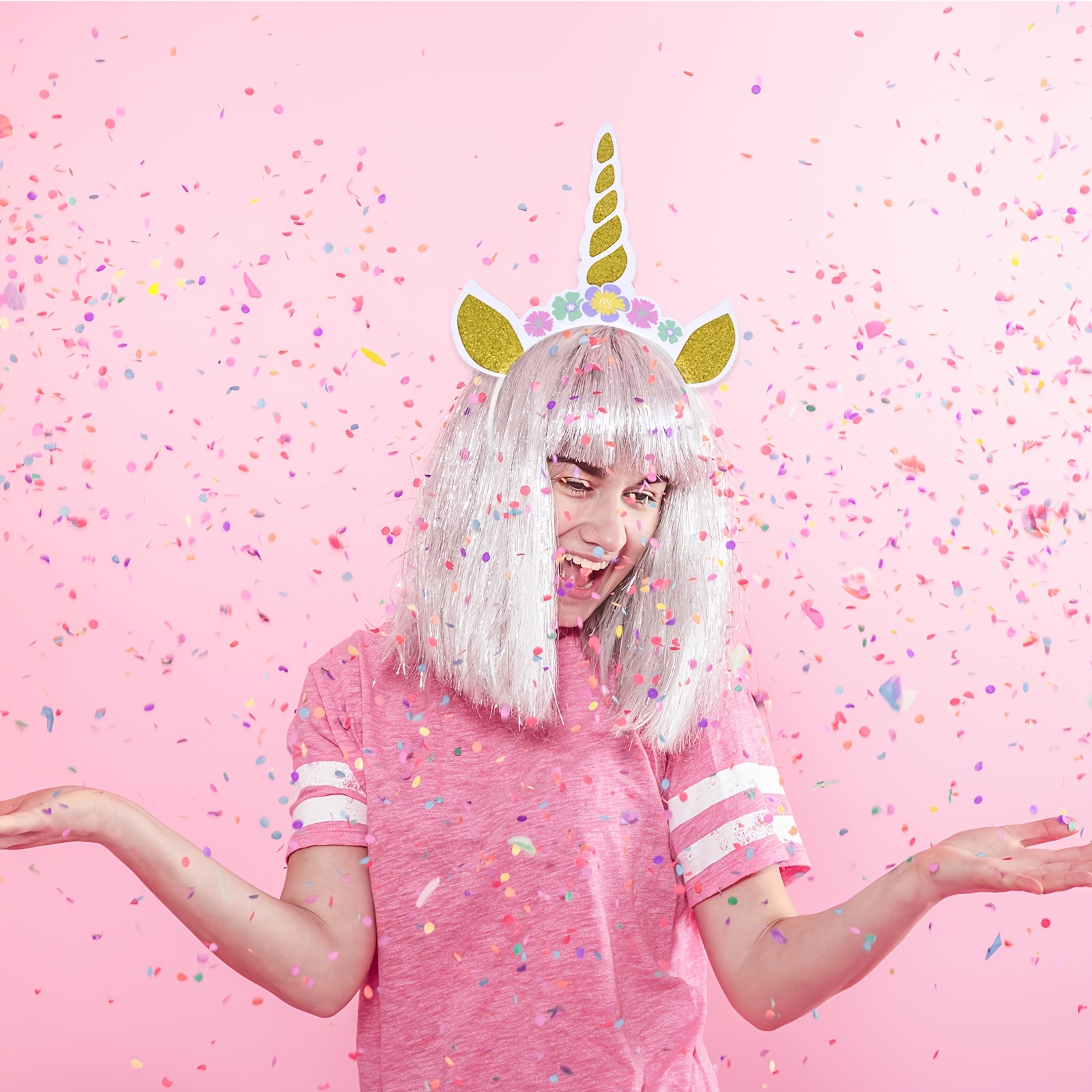 Image of 12pcs Unicorn Party Supplies Golden Glitter Unicorn Headband With 3 Flower Ears Unicorn Party Hat, Suitable For Unicorn Party Decoration, Birthday Party