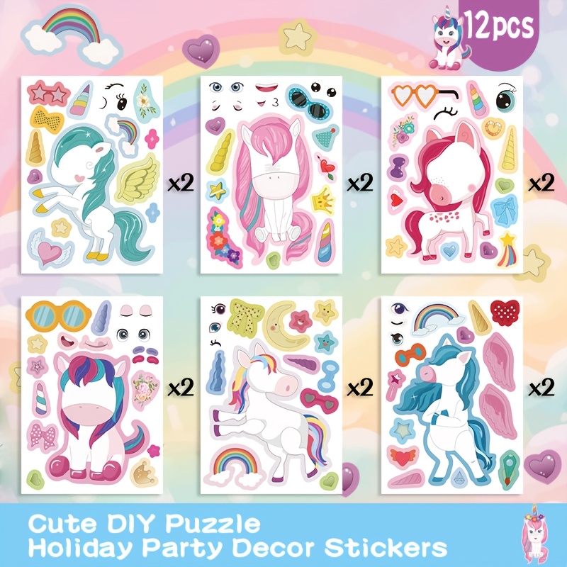 Image of 6pcs/12pcs/24pcs Cute Unicorn Puzzle Stickers - Innovative Face-changing, Humorous - Perfect For Decorating Water Bottles, Laptops, And Personalized Skateboards
