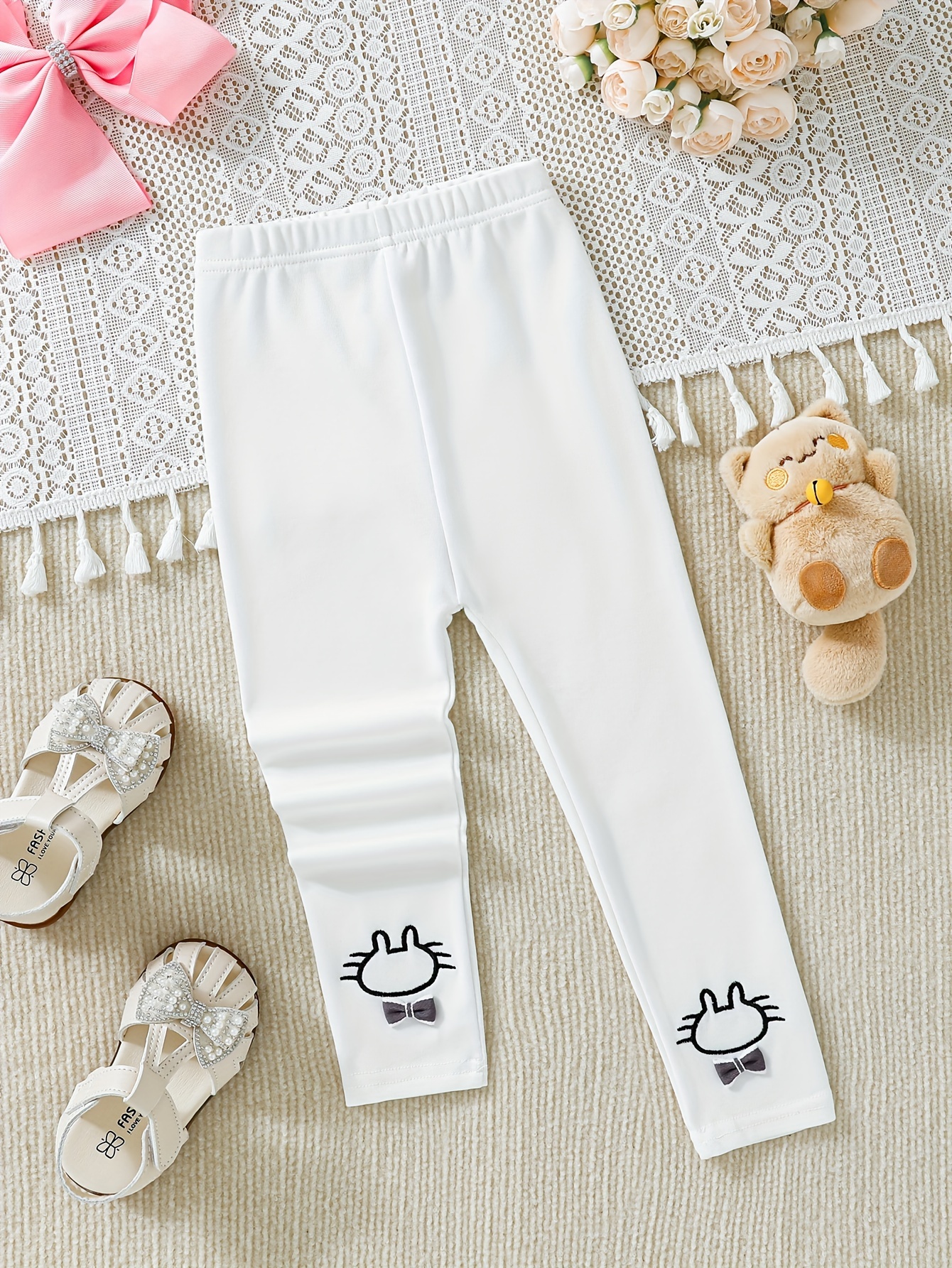 Girls 100% Cotton Cat Graphic Bow Decor Leggings Comfy Bow - Temu