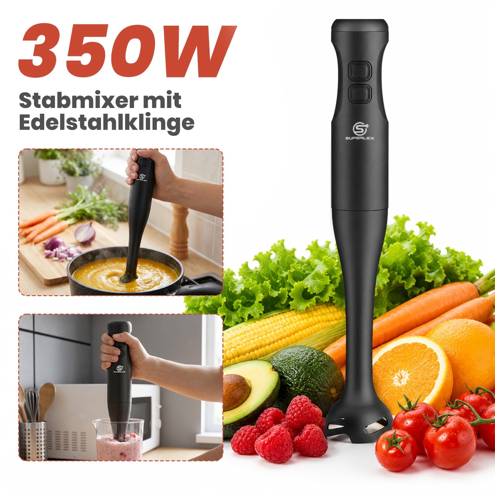 Image of Superlex 350w 3-in-1 Hand Blender With 2-speed Control And Detachable Stainless Steel Mixing For Effortless Cleaning