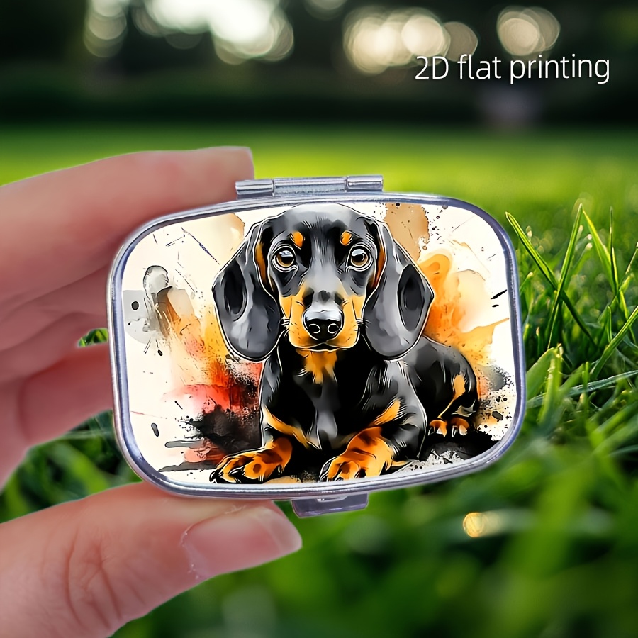 Image of 1pc Oil Painting Dog Art Design Mini Pill Box - 2-compartment Metal Medicine Organizer, Portable And Compact For Travel, Unique Gift Idea