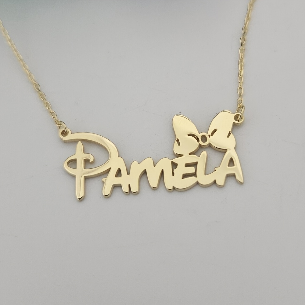 E-shop Personalisierte goldene Halskette mit Namen, niedliche Schleife-Halskette, Edelstahlanhänger mit Cartoon-Figur und Schmetterling, beliebtestes