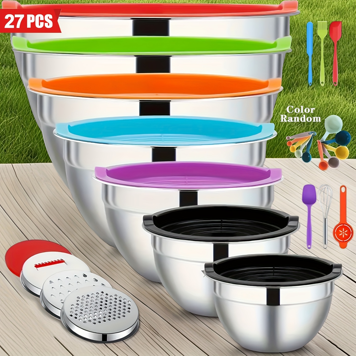 TEMU 27pcs Stainless Steel Mixing Bowl Set, 6 Stainless Steel Mixing Bowls With 3 Grater Accessories, Colorful Mixing Bowl Set With Sealing Lid,