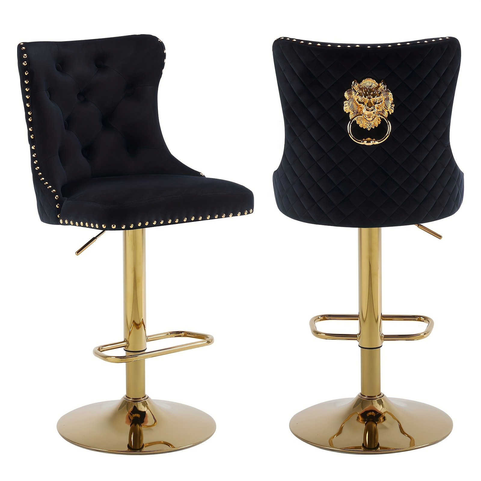 Set of 2 Modern Adjustable Velvet Bar Stools with Lion Head Pull