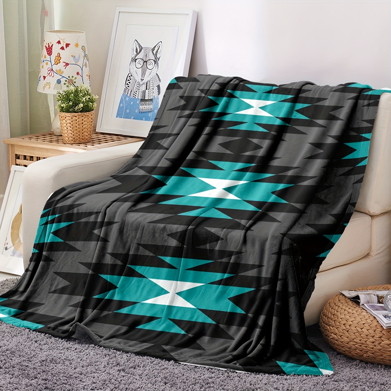 1pc Cozy Aztec-Inspired Fleece Throw Blanket Soft Comfortable Flannel  with Modern in Black, White, Teal Ideal for Sofa Bedroo