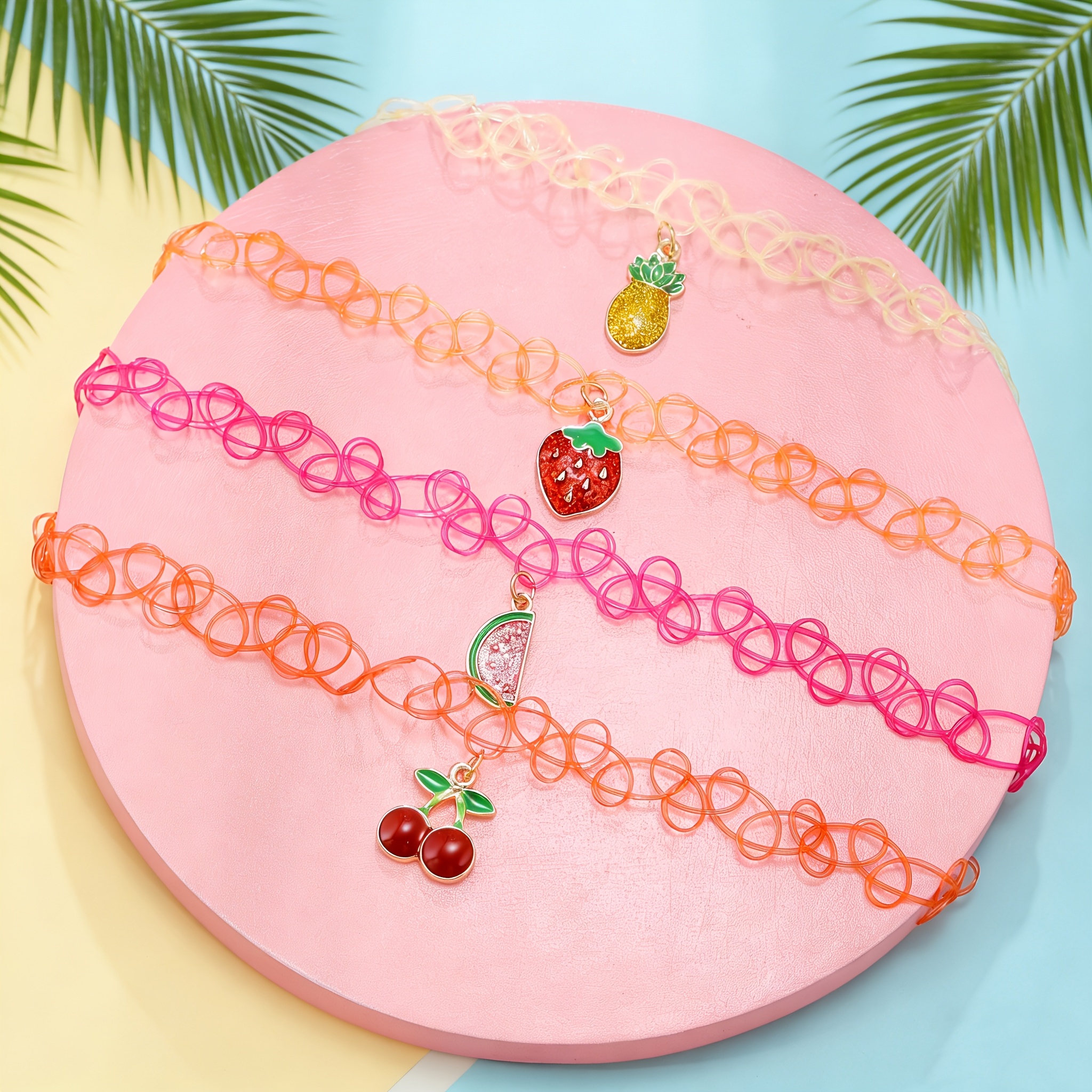 TEMU 4pcs Fruit Pineapple Cherry Strawberry Enamel Pendant Stretch Invisible String Choker Necklace Set For Girls, Bff Friendship Jewelry, And Music