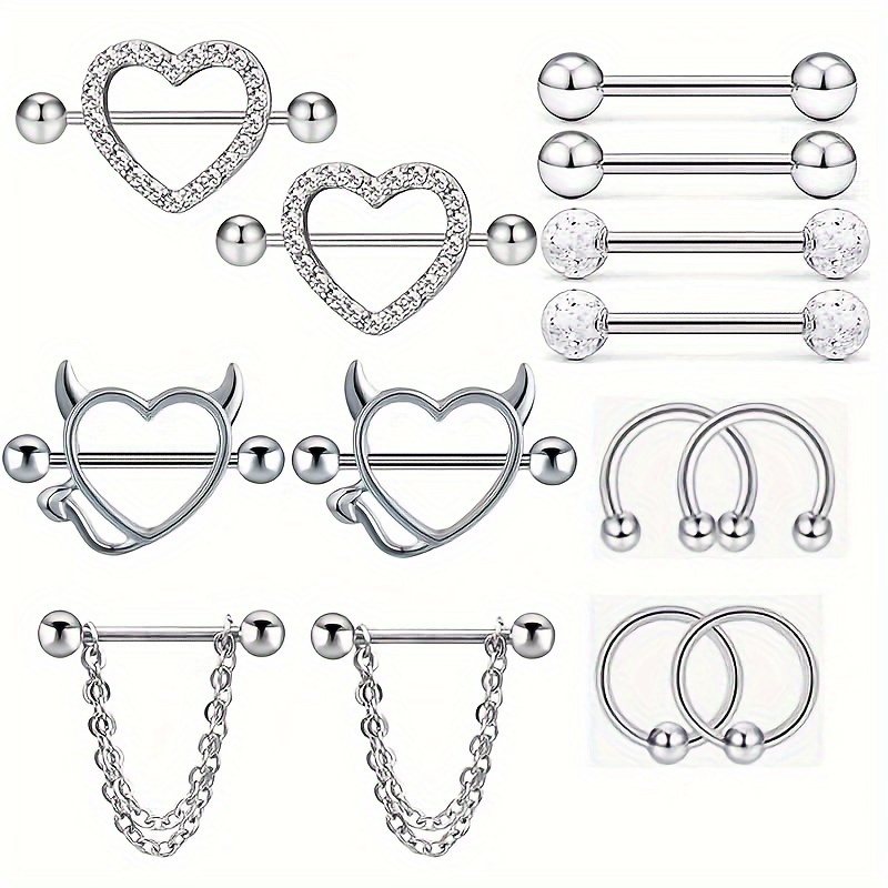 

12pcs Stainless Steel Rings For Women, Body Piercing Jewelry, Heart-shaped Shield Barbell Studs With Sparkling Zirconia