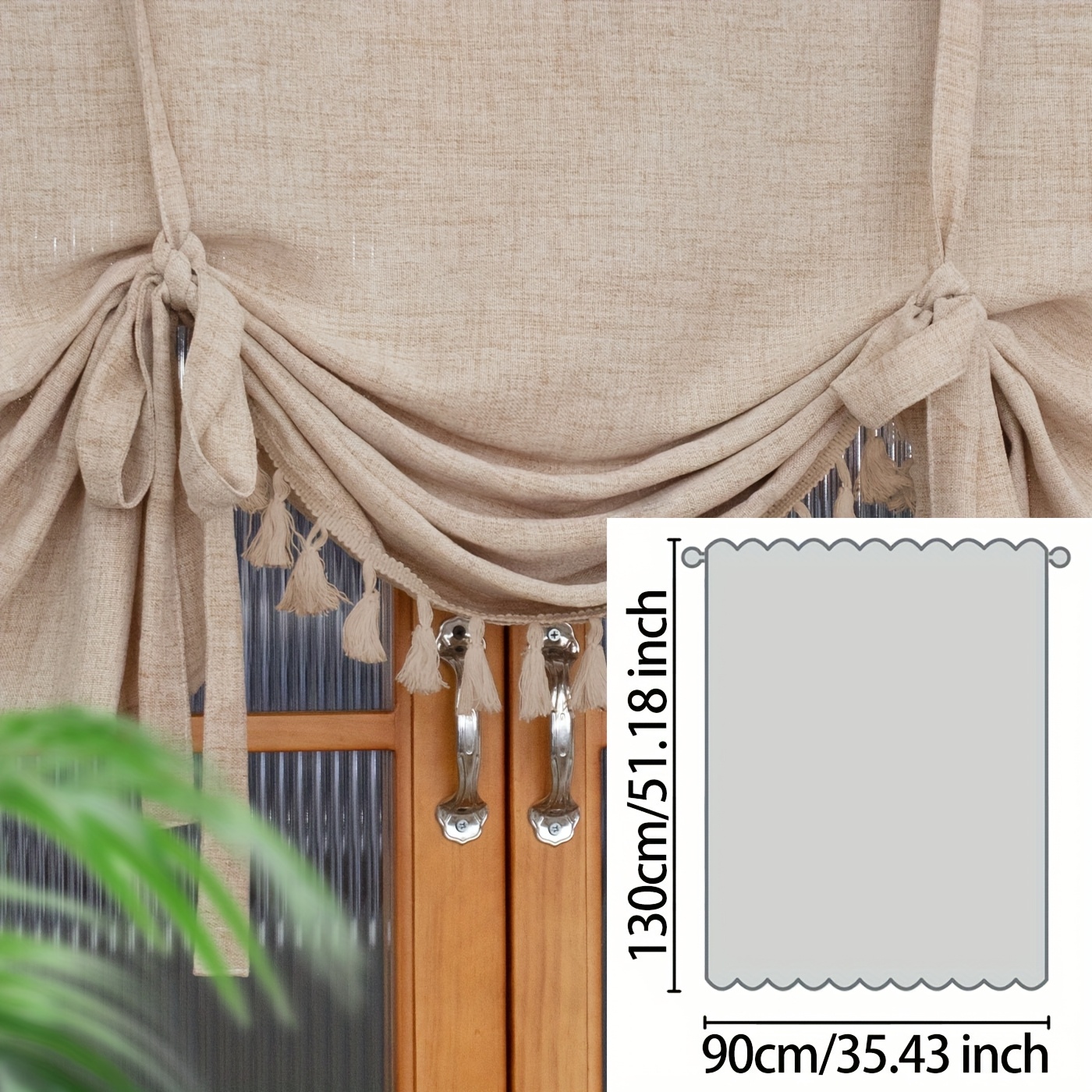 E-shop Boho Bauernhaus Quasten Jalousie, 1 Blatt | Leinen Look Aufzieh-Jalousie | Handgefertigte Höhenverstellung, Natürliche Fallplissee |