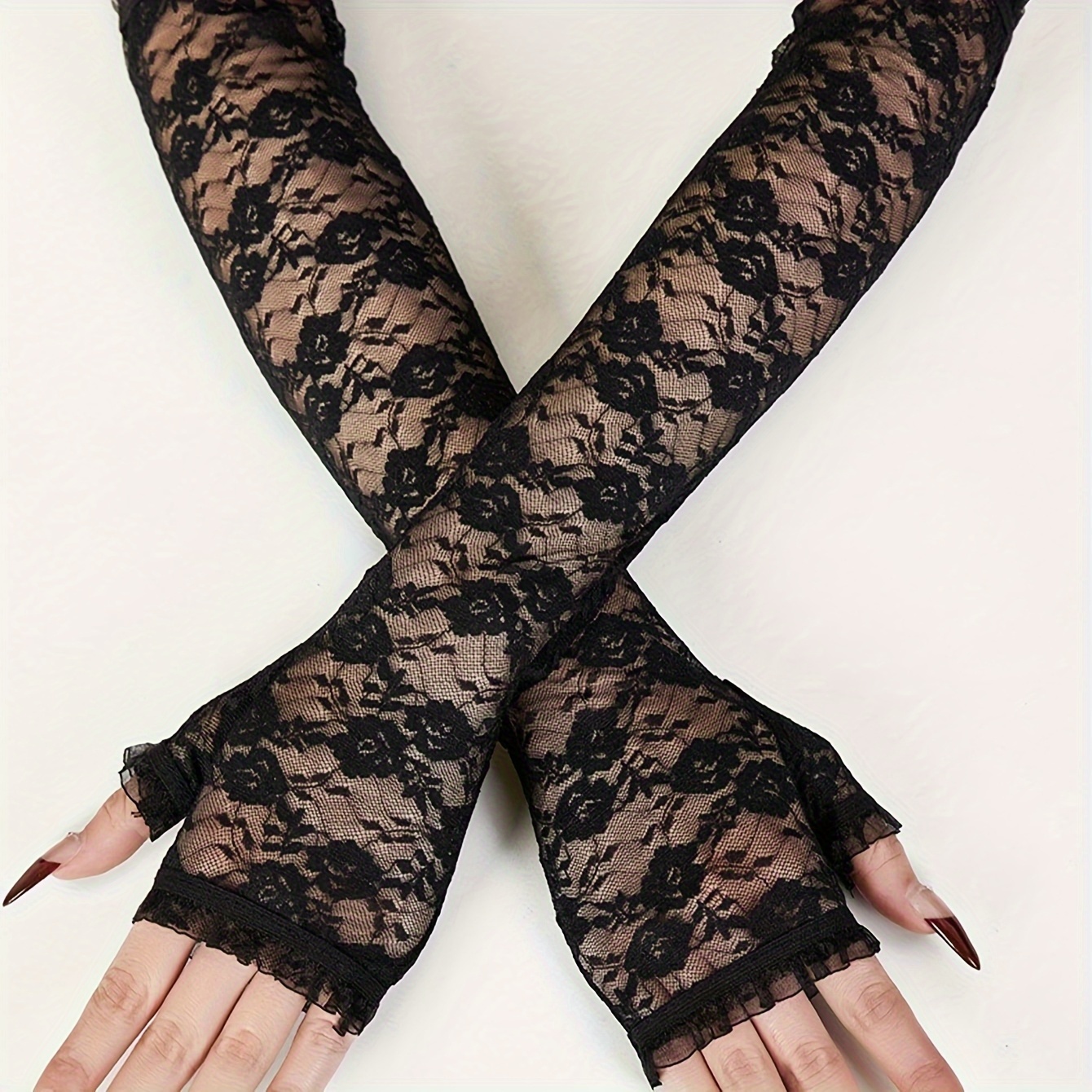 E-shop 2 Stück Spitzen Damen Fingerlose Handschuhe Leichte Durchsichtige Mesh Langarm Ärmel Sommer Performance Mode Vielseitige Dekorative Armstulpen