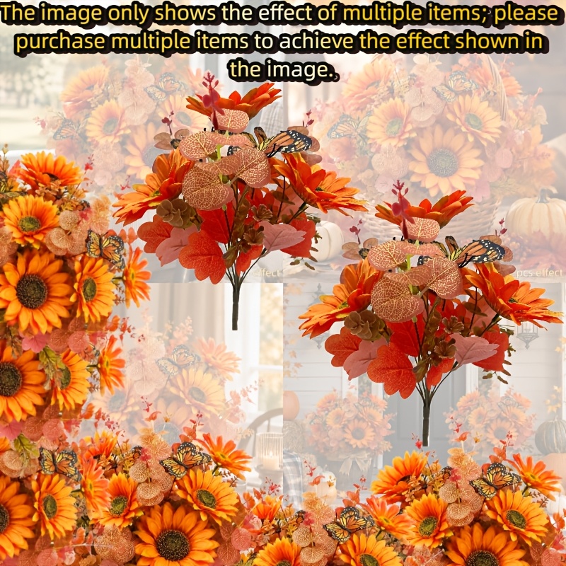 TEMU 2pcs Bouquet d'automne orange-jaune de tournesols artificiels et de marguerites africaines, fausses fleurs , feuilles d'eucalyptus, feuilles