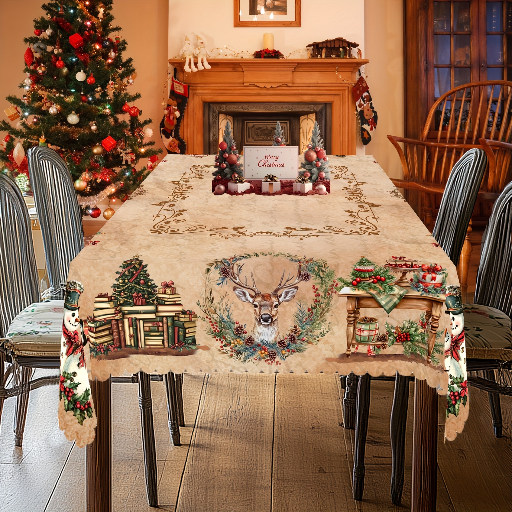 Weihnachtstischdecke Vintage-Stil | 152 X 277 Cm | Mit Schneemann & Elfen | Für Festtafel