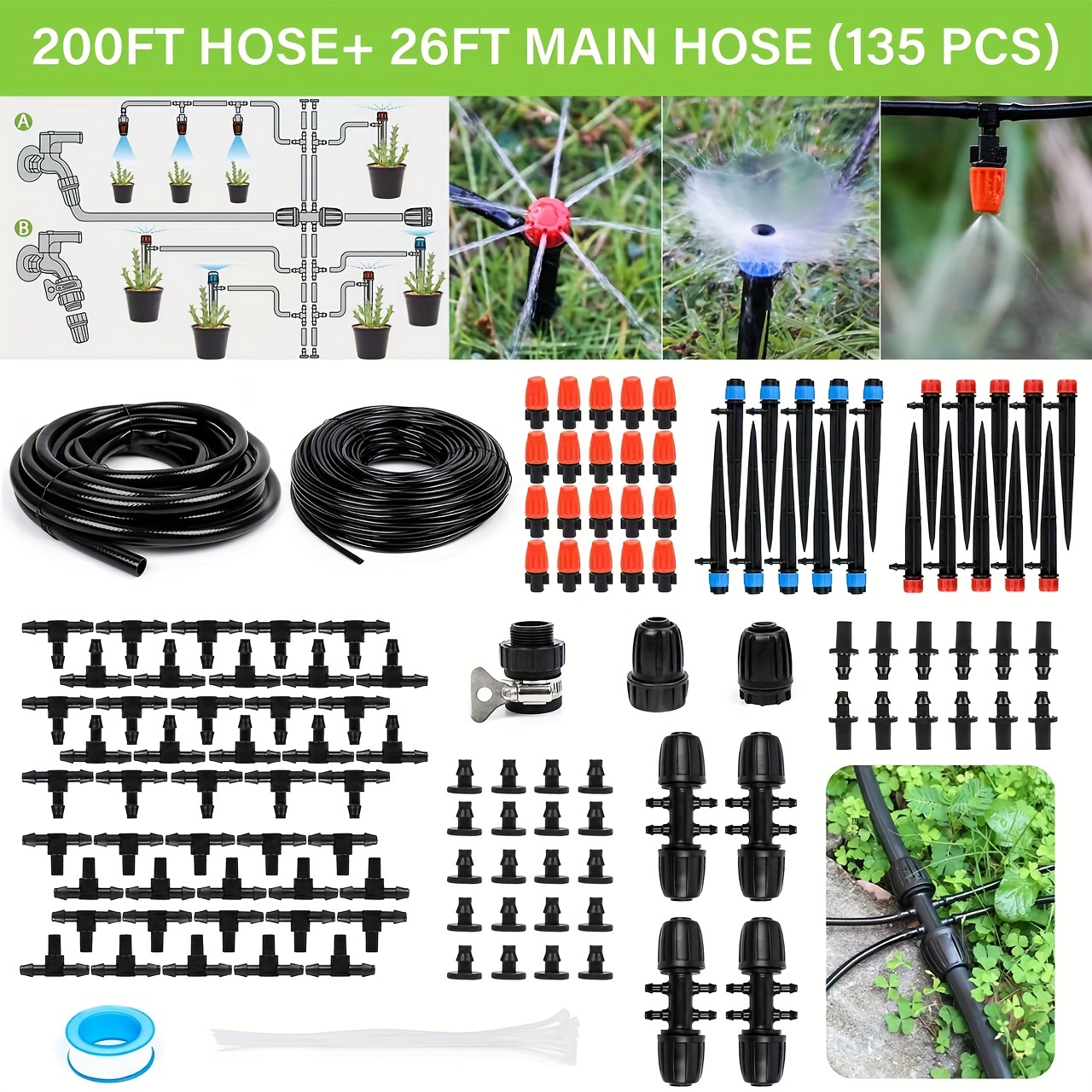 

226ft Greenhouse Micro Drip Irrigation Kit Automatic Irrigation System Patio Misting Plant Watering System With 1/4 Inch 1/2 Inch Irrigation Tubing Hose Adjustable Nozzle Emitters Barbed Fittings
