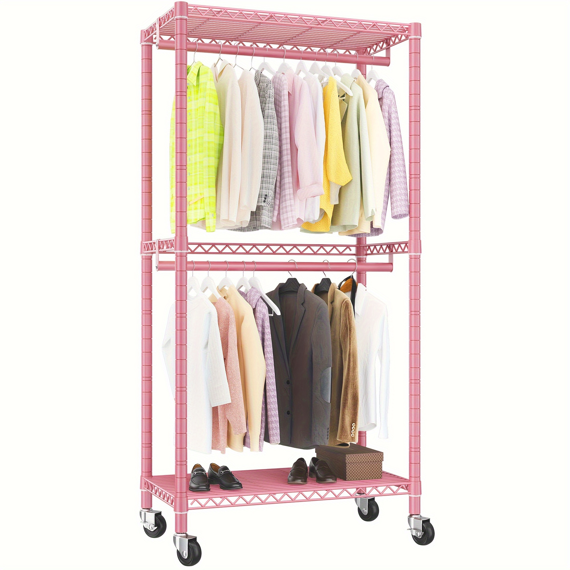 

Clothes Rack Heavy Duty Clothing Rack 79" H Clothing Rack With Wheels Adjustable Clothing Racks For Hanging Clothes Portable Rolling Clothes Rack Metal Garment Rack 80" H X36" W X15.8 "d, Pink