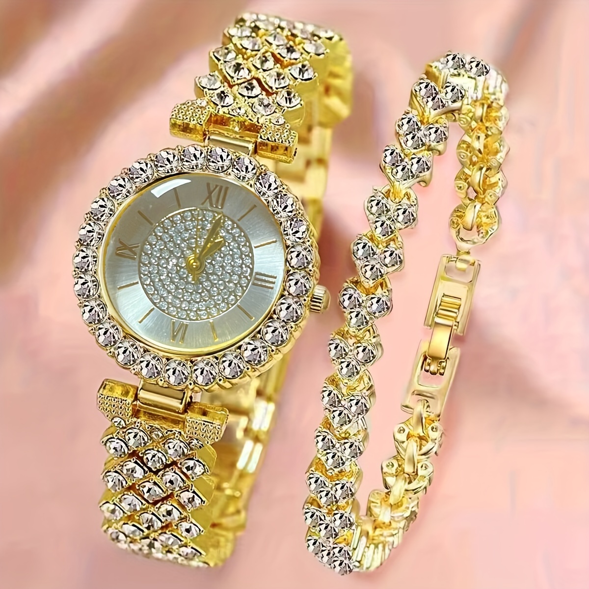 

2pcs/set Luxury Rhinestone Quartz Watch Golden Fashion Wrist Watch & Bracelet, Valentine's Day Ramadan Gifts For Women Her