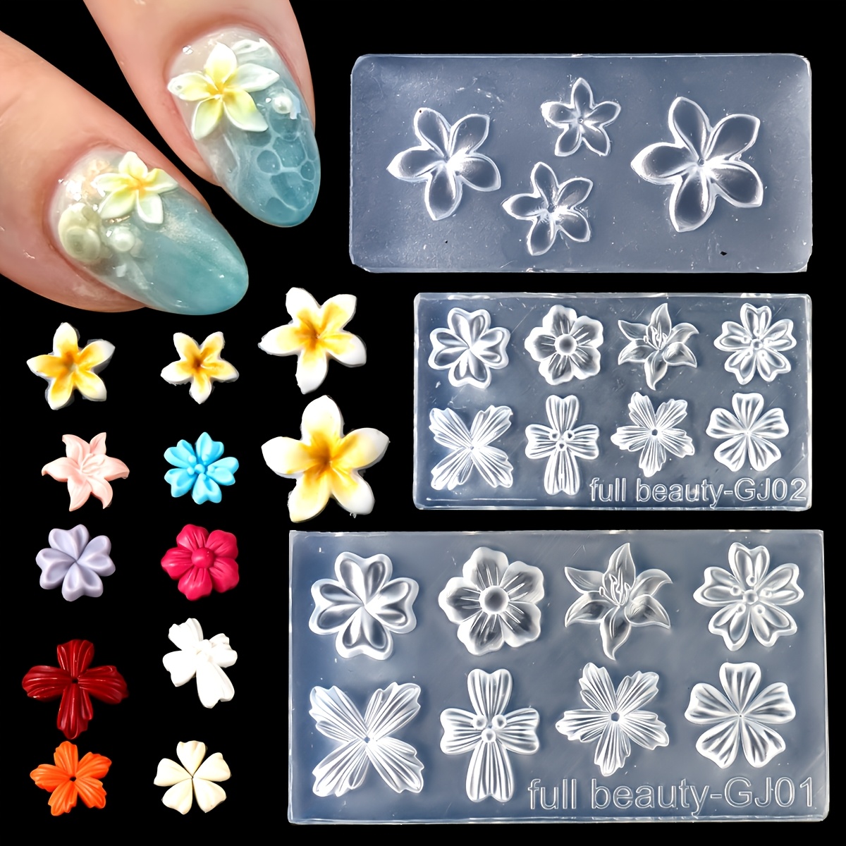 Image of 3pcs/set Silicone Nail Art Molds, 3d Flowers Nail Charm Molds Lily Hibiscus Cherry 3d Carving Modeling Manicure Template Gel Moulds For Resin Craft Additions