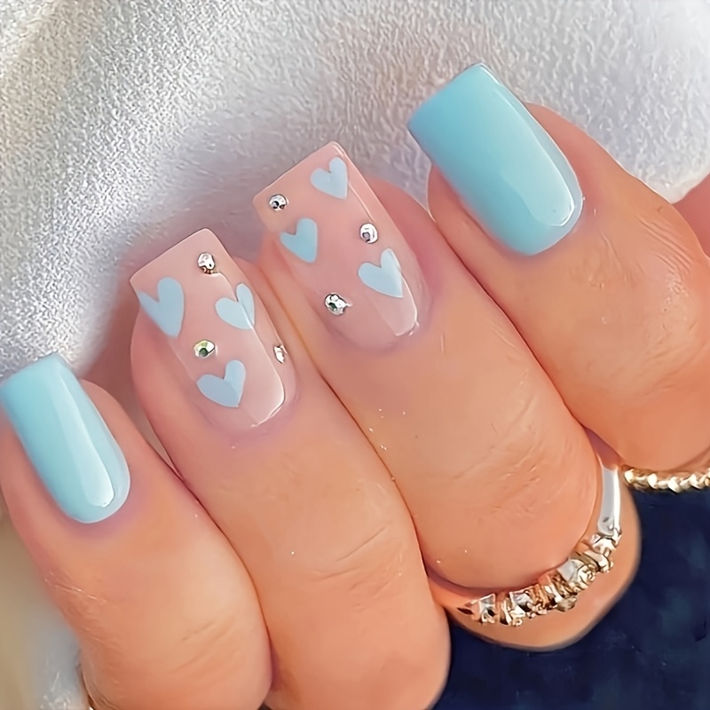TEMU 72pcs Square Blue Gradient Sea , Gothic Style Pink And Tender Instagram Style, Suitable For Daily Women And, Including Nail Kit (jelly Glue, Nail File)