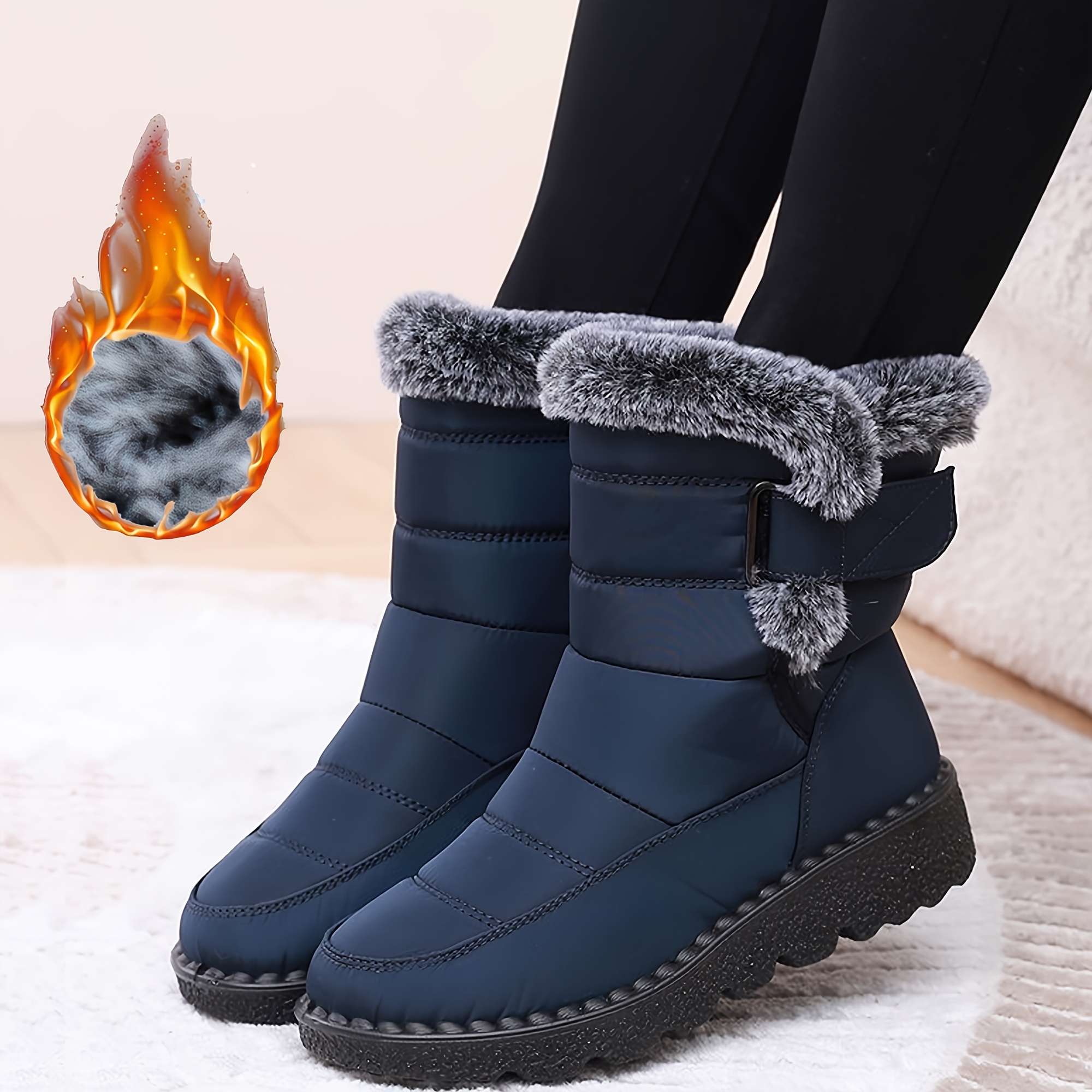 

Women's Faux Fur Liner Snow Boots, Round Toe Thermal Winter Mid Calf Boots, Hook & Loop Fastener Adjustable Outer Sneakers