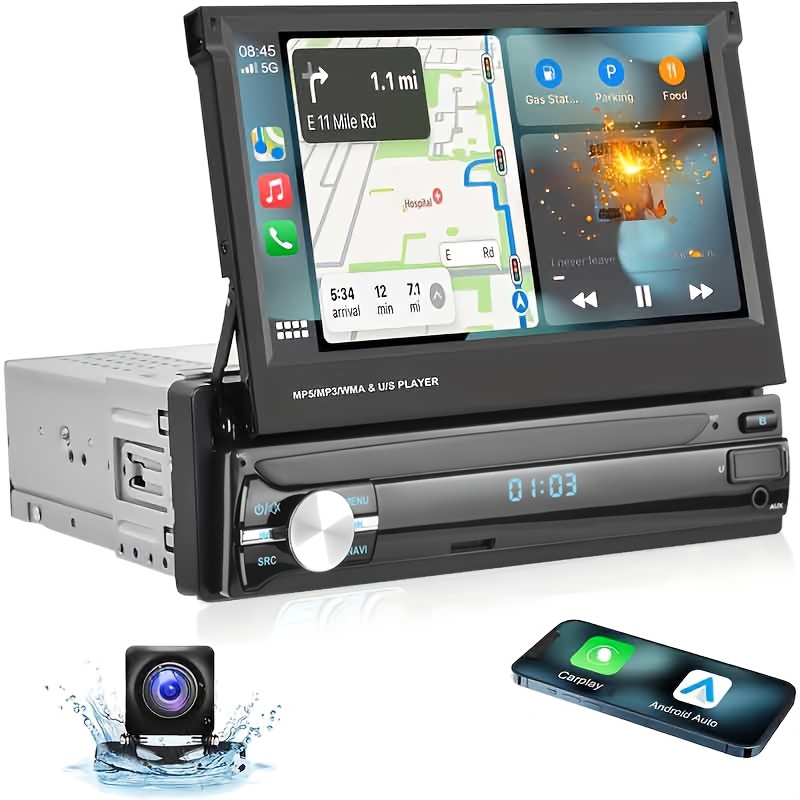 Single Din Carplayer Car Stereo, 7''flip Out Touch Screen Car Radio Mp5 Player Support Auto, , Usb, Tf, Fm Radio, Aux-in, Swc With Ahd Backup Camera