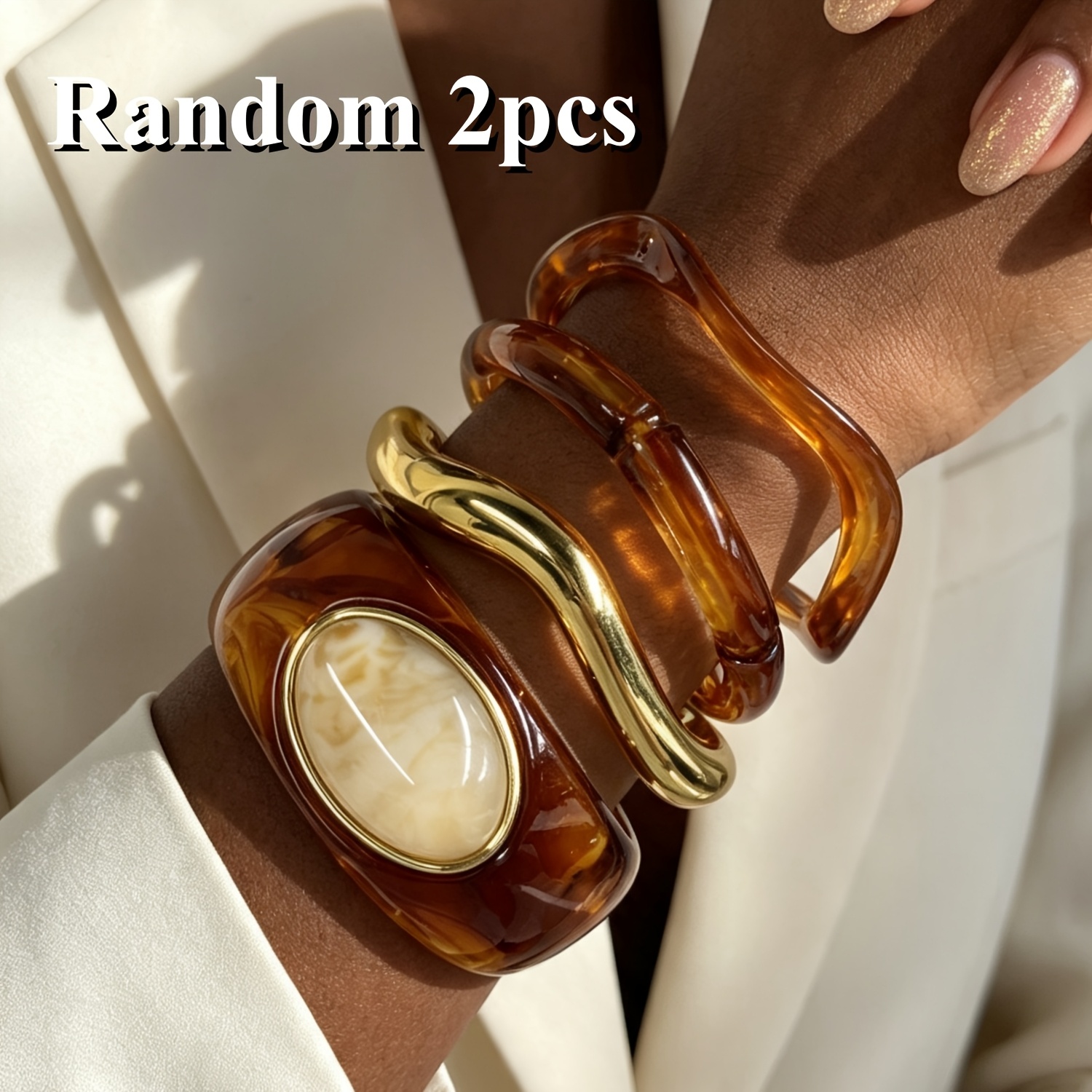 TEMU de moda para mujer, 2 unidades aleatorias, estilo bohemio retro CCB de calidad en resina acrílica, de piedra sintética, brazalete elástico