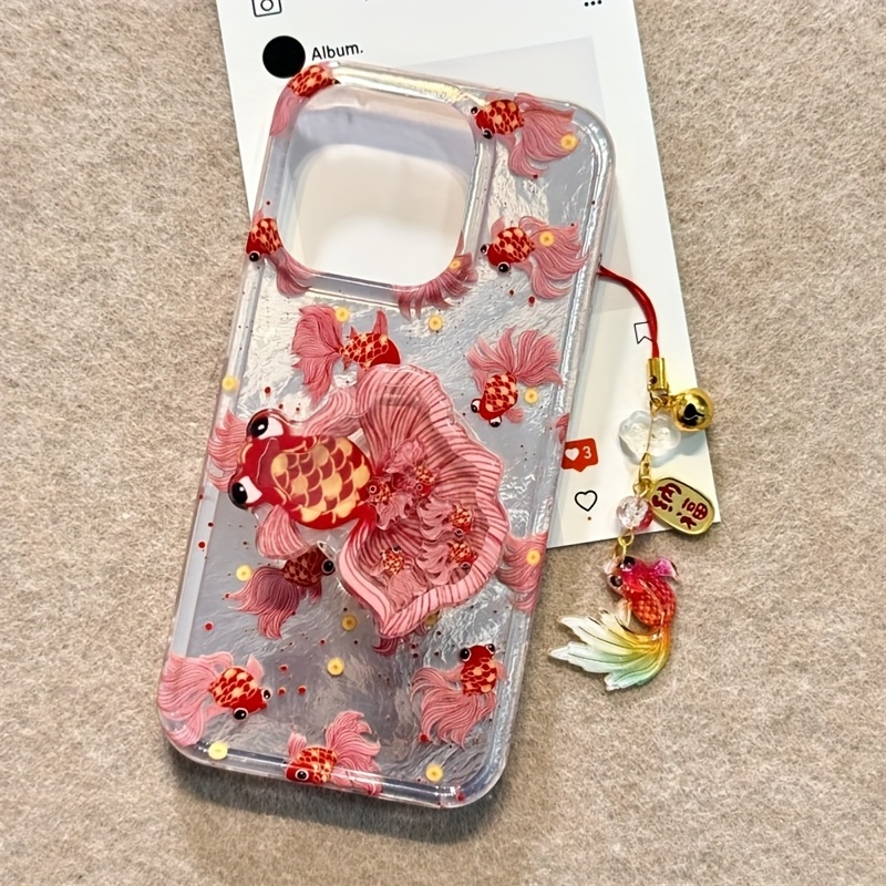 TEMU Phone Case: Vortex Pattern Red Goldfish Phone Case With Goldfish Phone Holder And Pendant For Iphone 11 12 13 Pro Max
