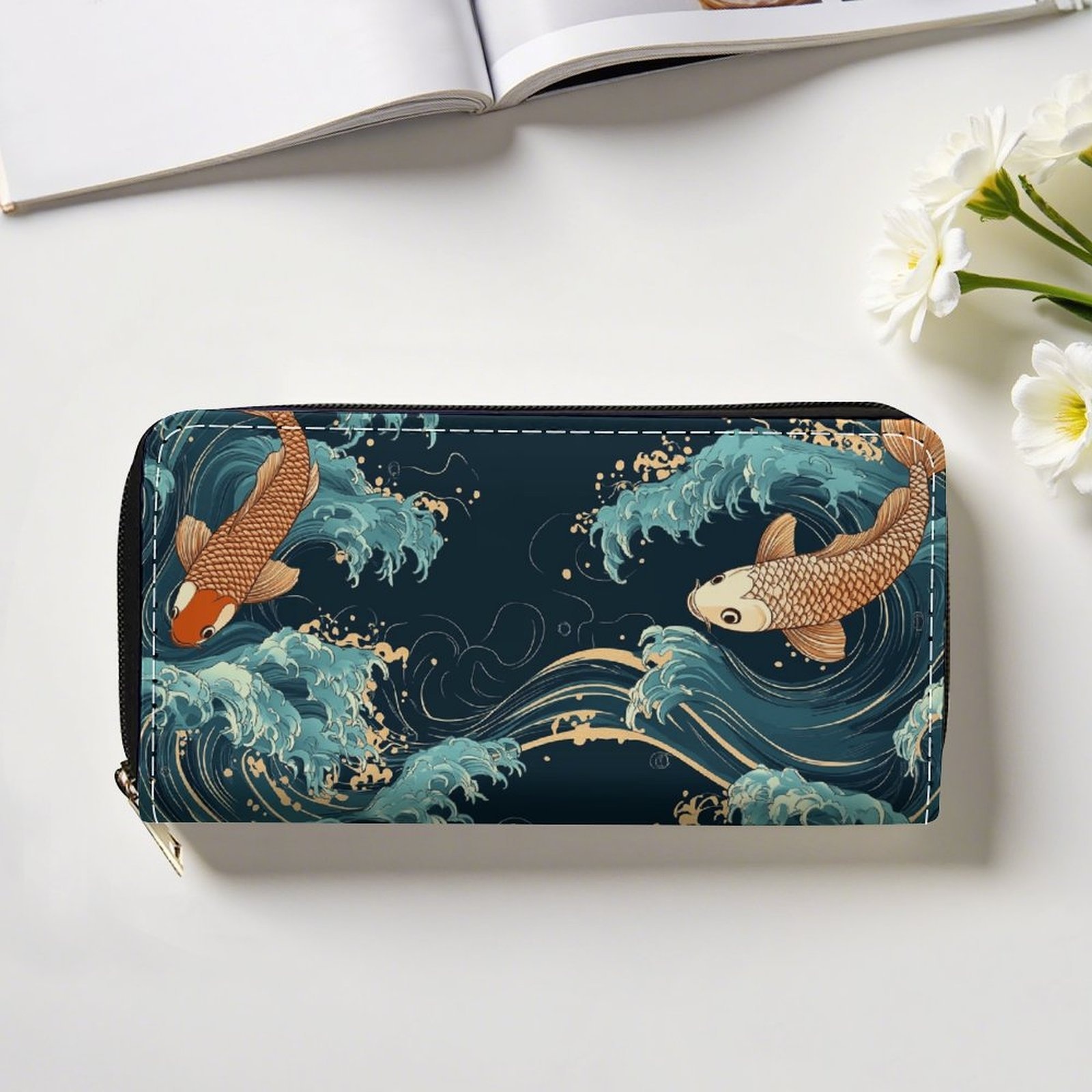 Women s & Men s Japanese Koi Fish &   Wallet - Long Zipper Closure, Multi-Functional Card Holder & Coin Pocket, Golden-Tone Zippered Pouch - Turquoise &  , Durable with Zipper Closure, Wet Wipe Clean, No Lining, Card Slots & Zippered Pocket, Secure Zipper Closure, Long Wallet Purse for  , Ideal Gift (Casual & Formal Use) - Style, Wallet for Women Long, White Wallets for Women, High Quality Wallet for Women, Zip Wallet for Women,
