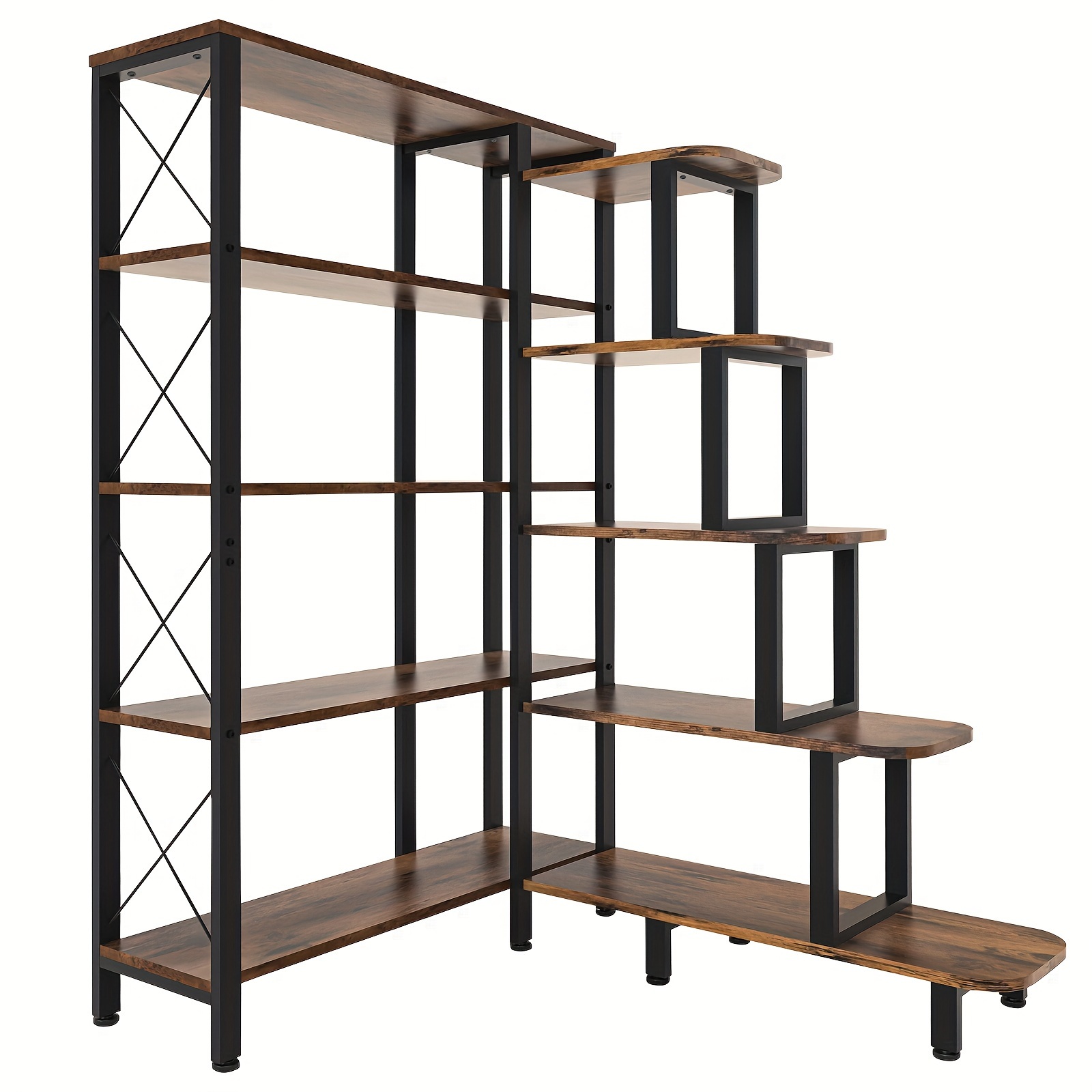 

Large Corner Bookshelf Bookcase, Industrial Reversible 5 Tier Ladder Shelves Storage Display Rack With Metal Frame, Office Furniture For Living Room Bedroom