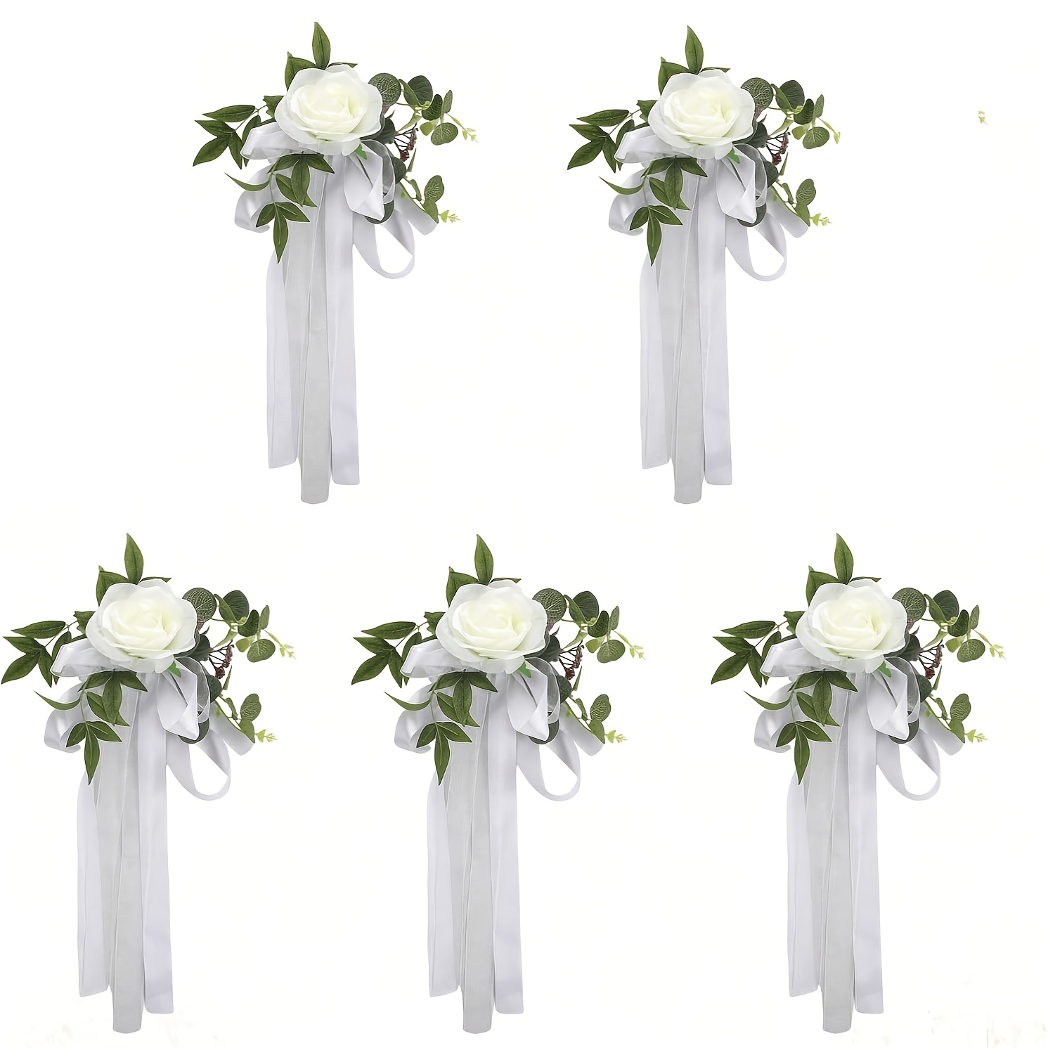 Image of 5pcs Wedding Aisle Chair Decorations: Rose Chair Back Bouquets With Ribbons, Chair Back Clusters And Floral Arrangements For Wedding Ceremony/reception, Christmas Decor, Halloween Decor