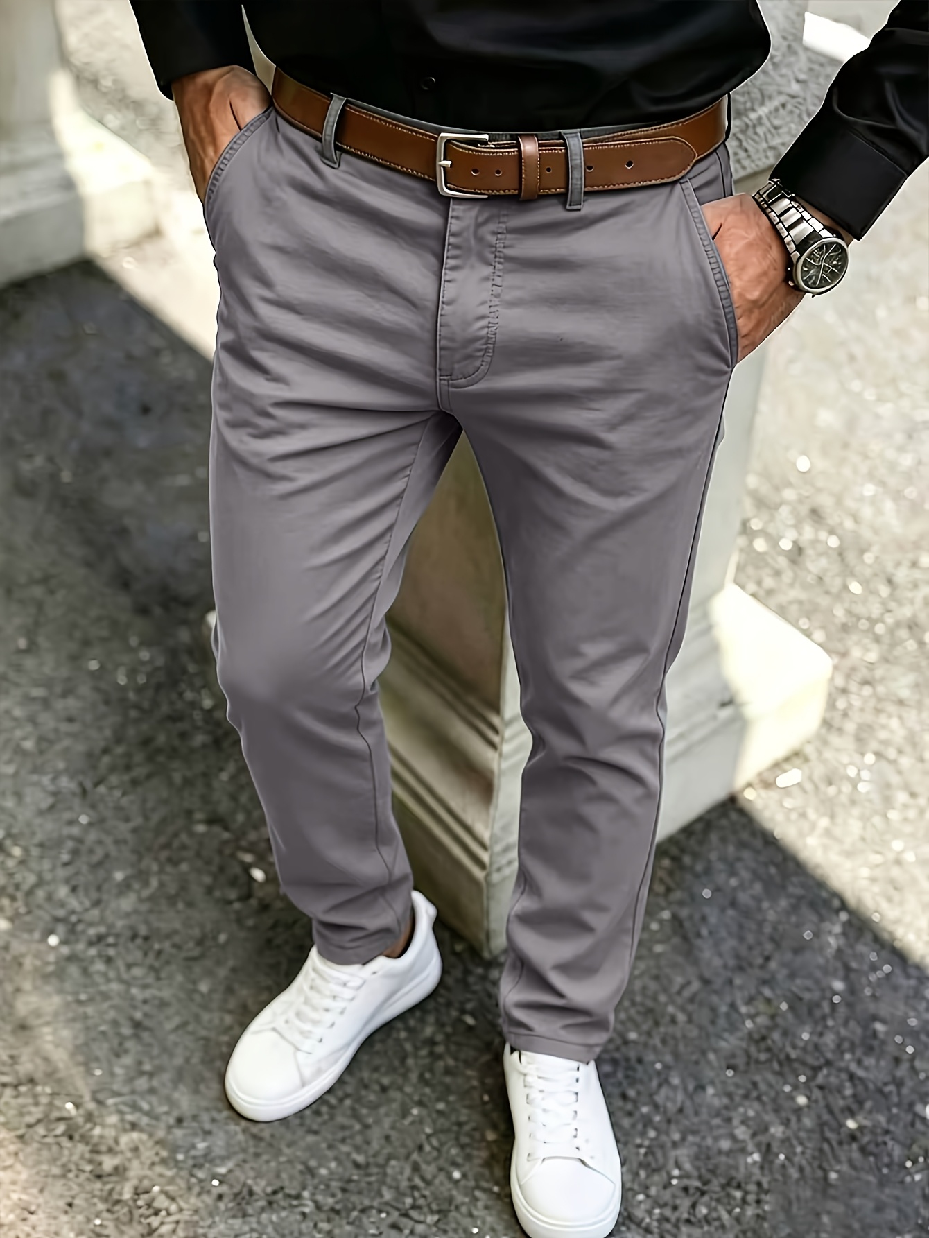 pantalones de vestir 100% para hombre,  , de pierna   para negocios casuales, pantalones     de pierna   con bolsillos inclinados, pantalones de vestir   para hombre, pantalones formales, pantalones de hombre con cremallera, color liso