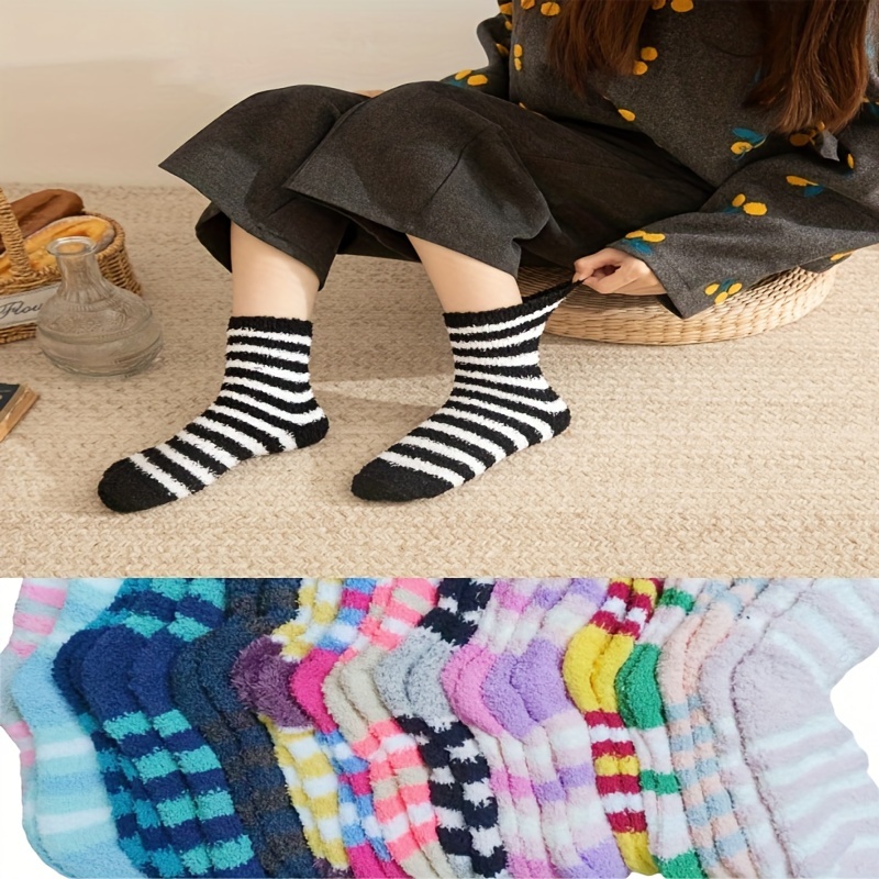 10-pair Pack Winter Striped Polyester Knee-length Warm Floor Stockings For Women - 95% Polyester 5% Spandex - Cozy Coral Fleece Thickened Sleepwear & Maternity Wear - Hand Washable Knit Fabric