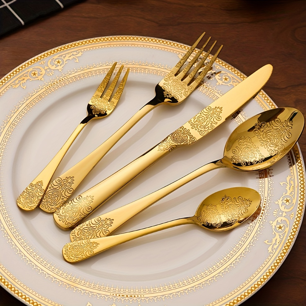 

5pcs, Stainless Steel Tableware Set, Western Tableware Set, Household Knife And Fork Luxury Vintage European Carved Steak Knife, Fork And Spoon