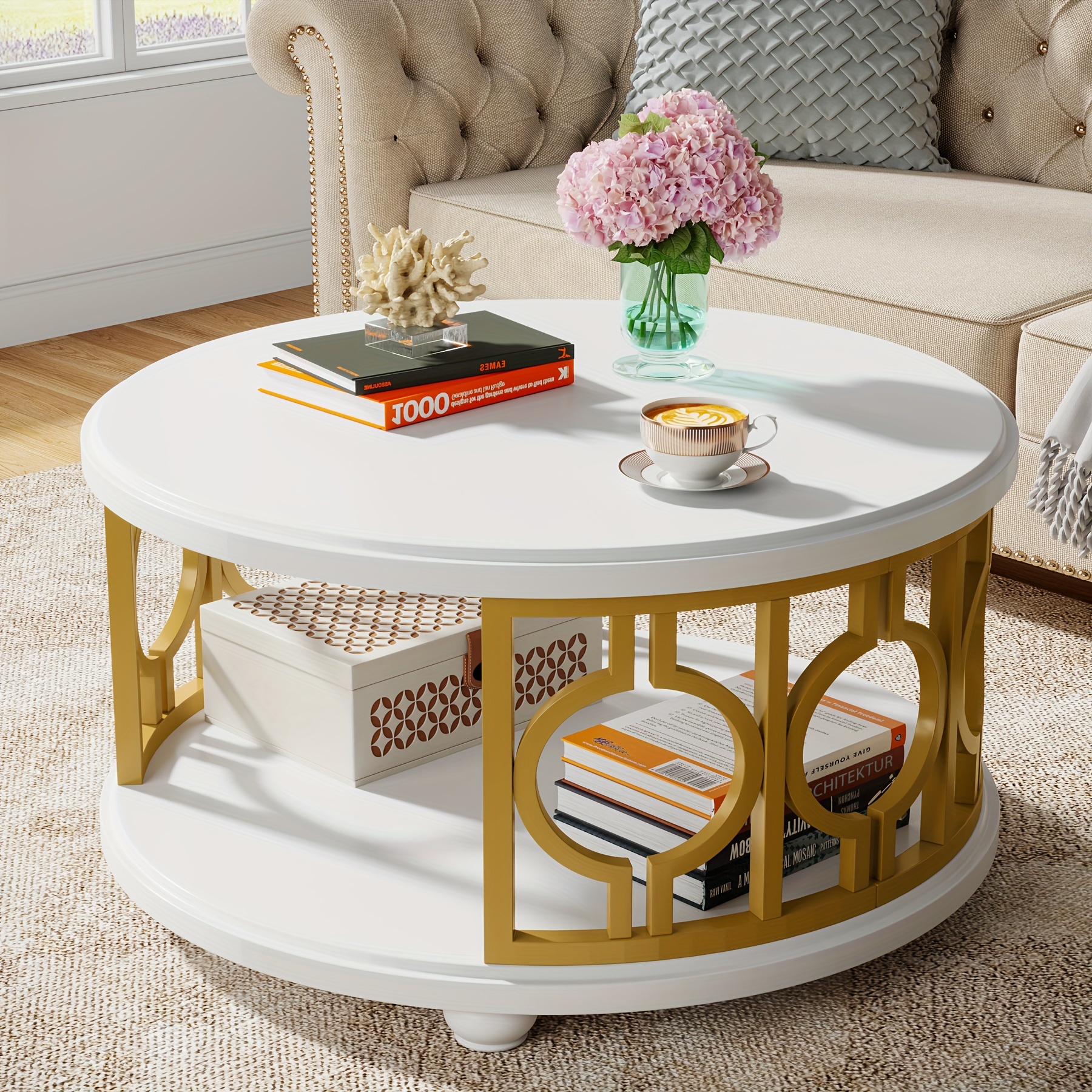 

Round Coffee Table, 2-tier Circle Coffee Table With Storage Shelf, Modern Center Table For Living Room & Office, White And Gold