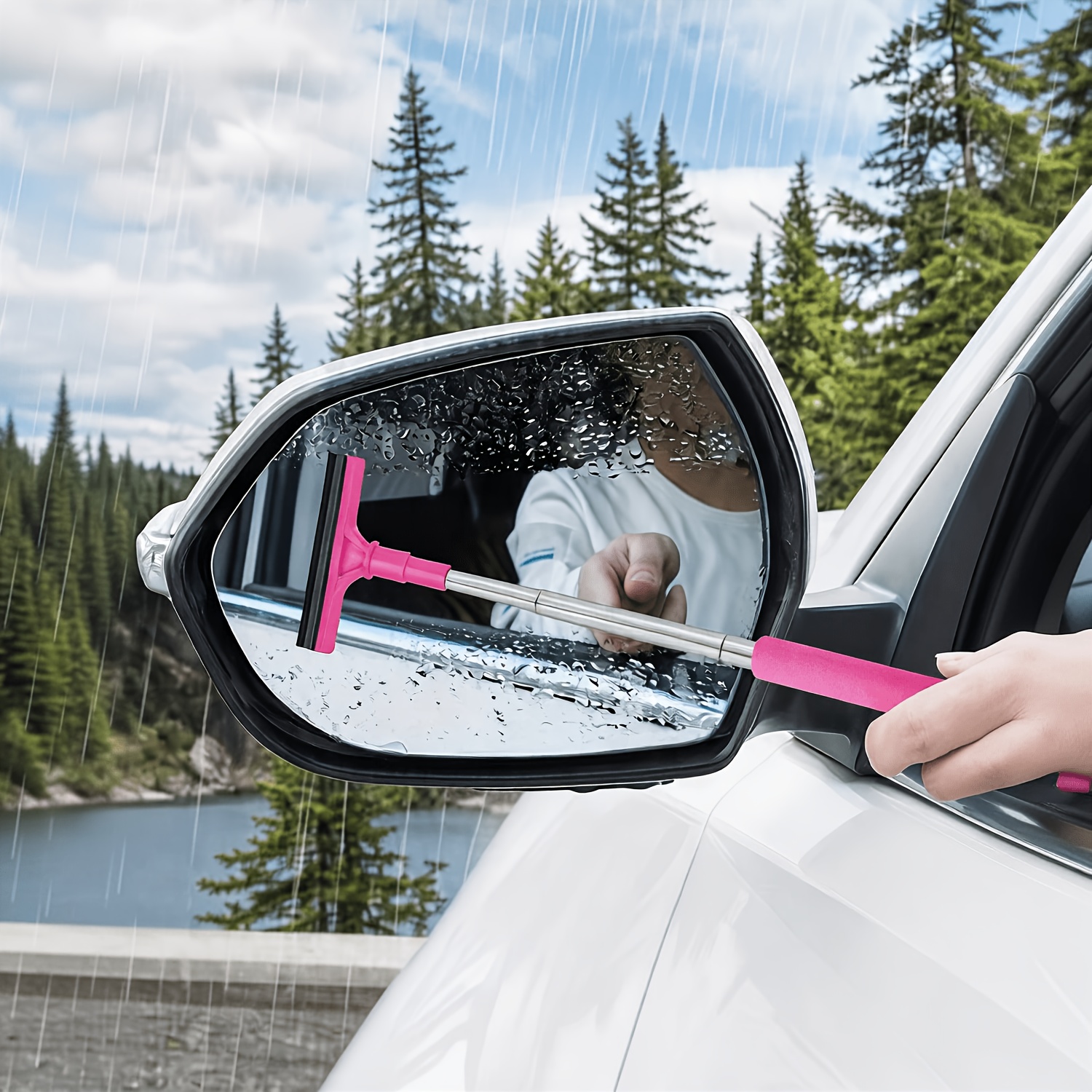 TEMU 1pc Handheld Telescopic Car Brush, Portable Rearview Mirror Squeegee, Car Glass Cleaner, Anti-frost Scraper, Double-sided Blade Soft Rubber