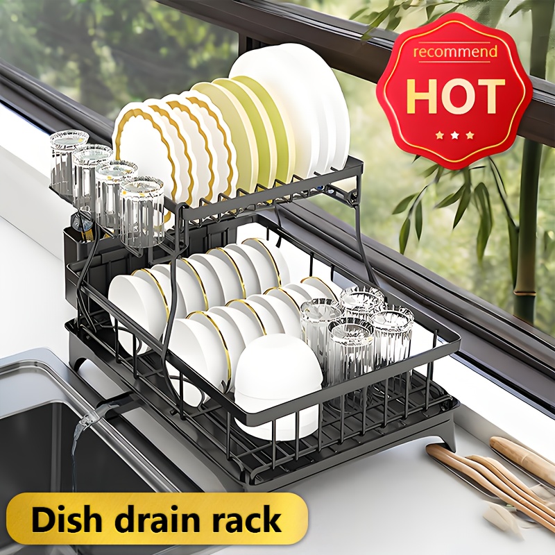 heavy duty stainless steel dish drying rack space saving two tier countertop organizer with 360 drainage system plate bowl cup utensil holders compact sink rack for modern kitchen easy to clean dish drying rack for kitchen counter clean dish storage   water drainage   cleaning system Product details 3