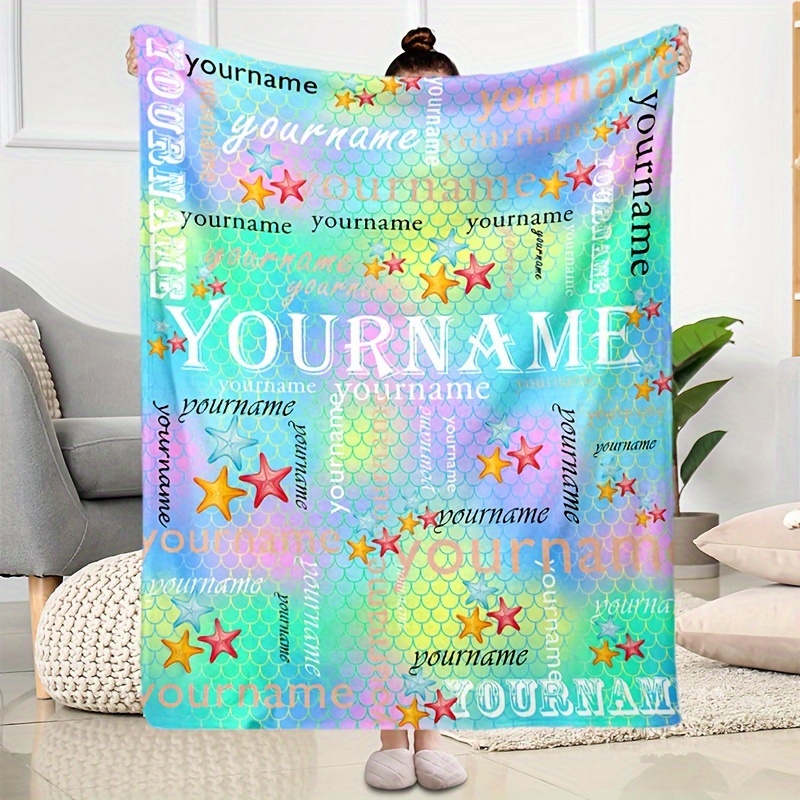 

1pc Custom Your Name Blanket Gorgeous Fish Scale Pattern Starfish Blanket Comfortable Soft Cozy Warm Blanket For Sofa Office Bed And Travelling Blanket For All Season