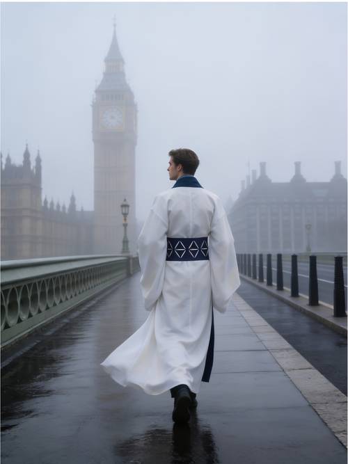vintage dark blue and white contrast loose robe unisex simple robe oriental aesthetic zen inspired robe cross collar right flap white outer robe with geometric pattern contrast color belt set suitable for anime and gaming