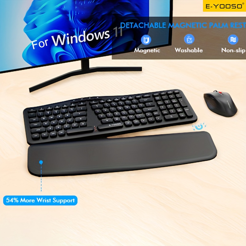 E-YOOSO 2.4G Wireless Keyboard and Mouse Set with Receiver and Wrist Rest, Ergonomic Low Battery Alert, Self-sleep Mode, Silent Key Operation, Comfortable Gaming and Office Dual-purpose Keyboard and Mouse Set (without Battery)