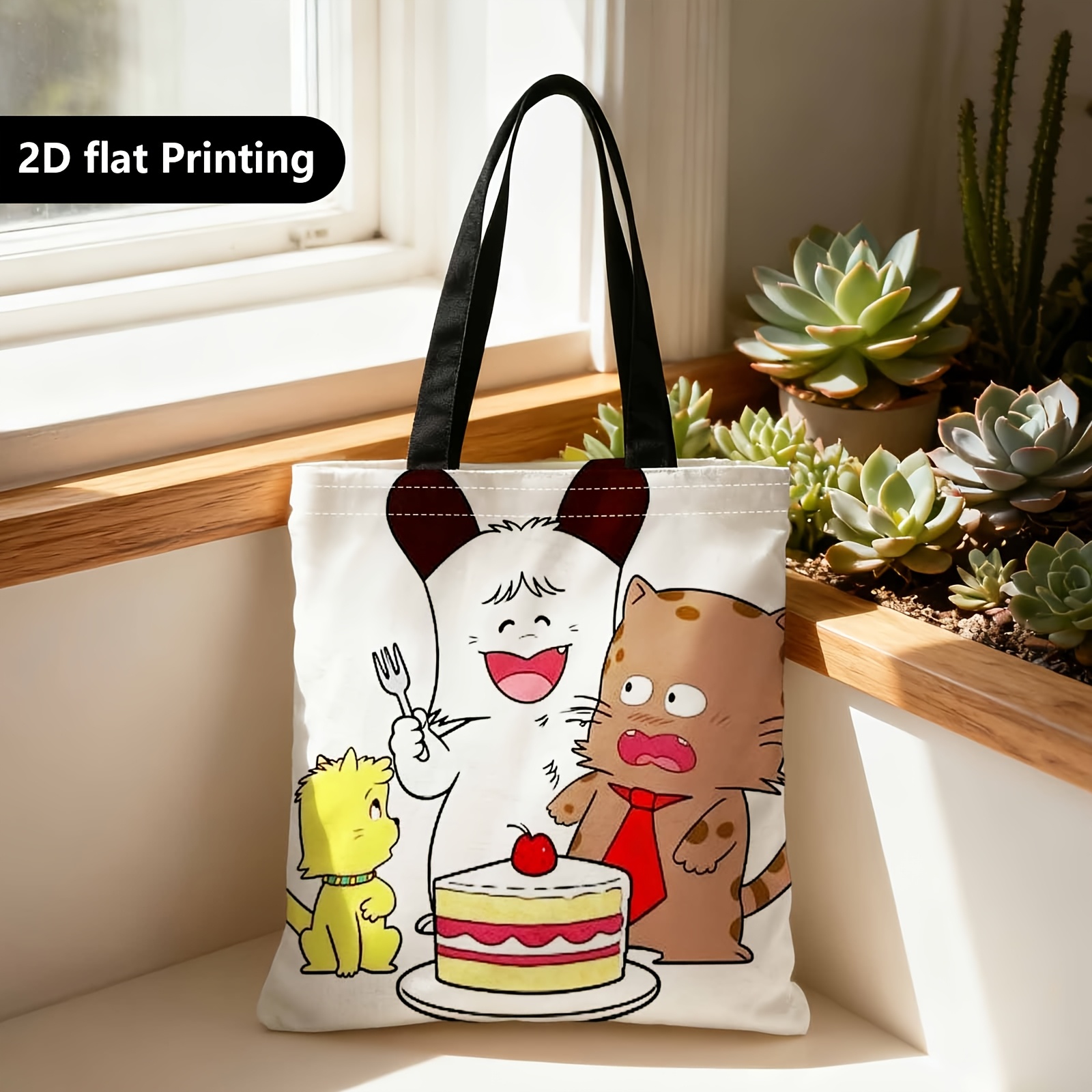 TEMU Shopper Bag,shopping Portable Shoulder Back Hand-held Bag,2d Double-sided Ing,animals, Cake, Party Celebration,suitable For Travel, Cosmetics,